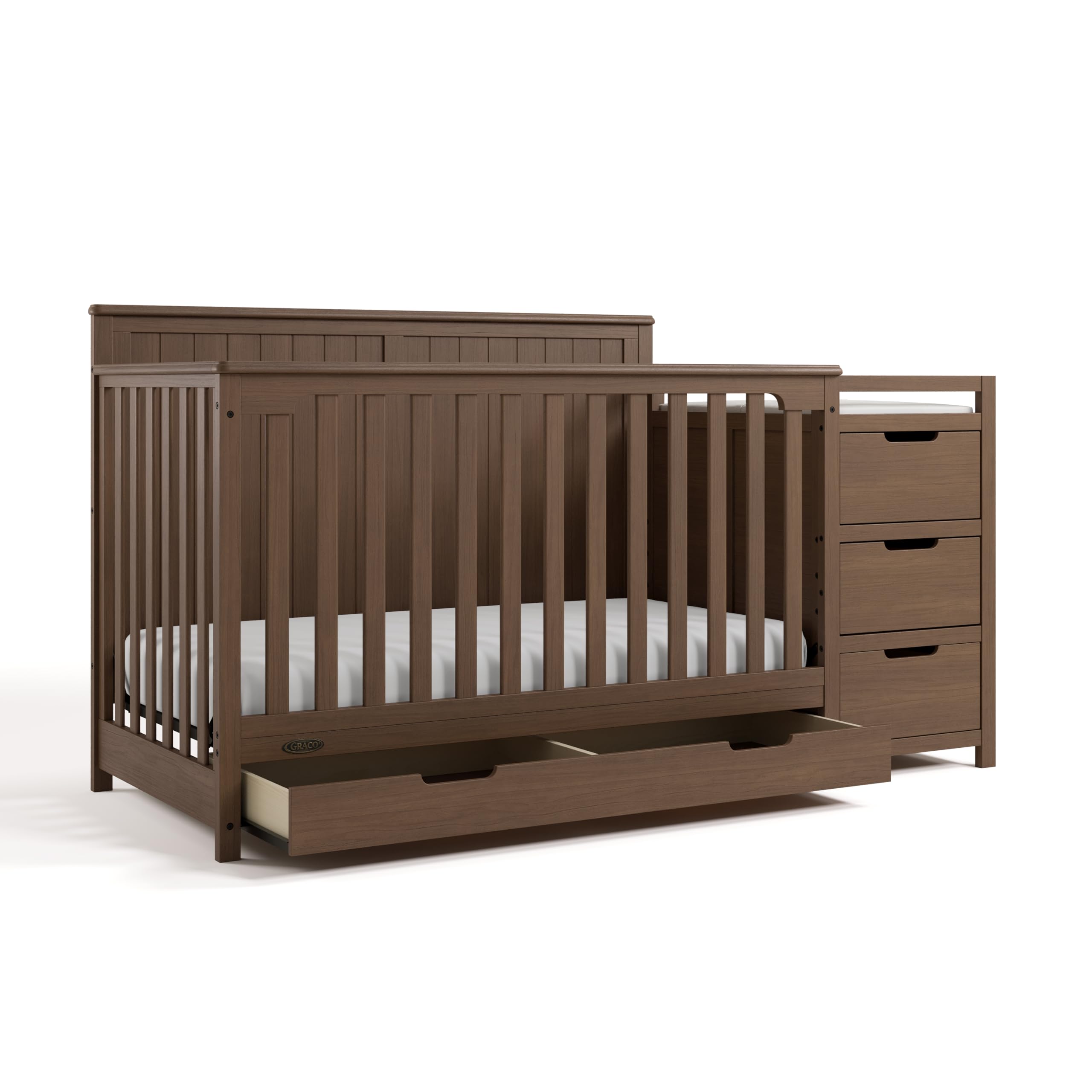 Photo 1 of Graco Hadley 5-in-1 Convertible Crib & Changer – GREENGUARD Gold Certified, Fits Standard Crib Mattress, Converts to Toddler Bed and Full Bed, 4 Adjustable Mattress Heights (Hazelnut)