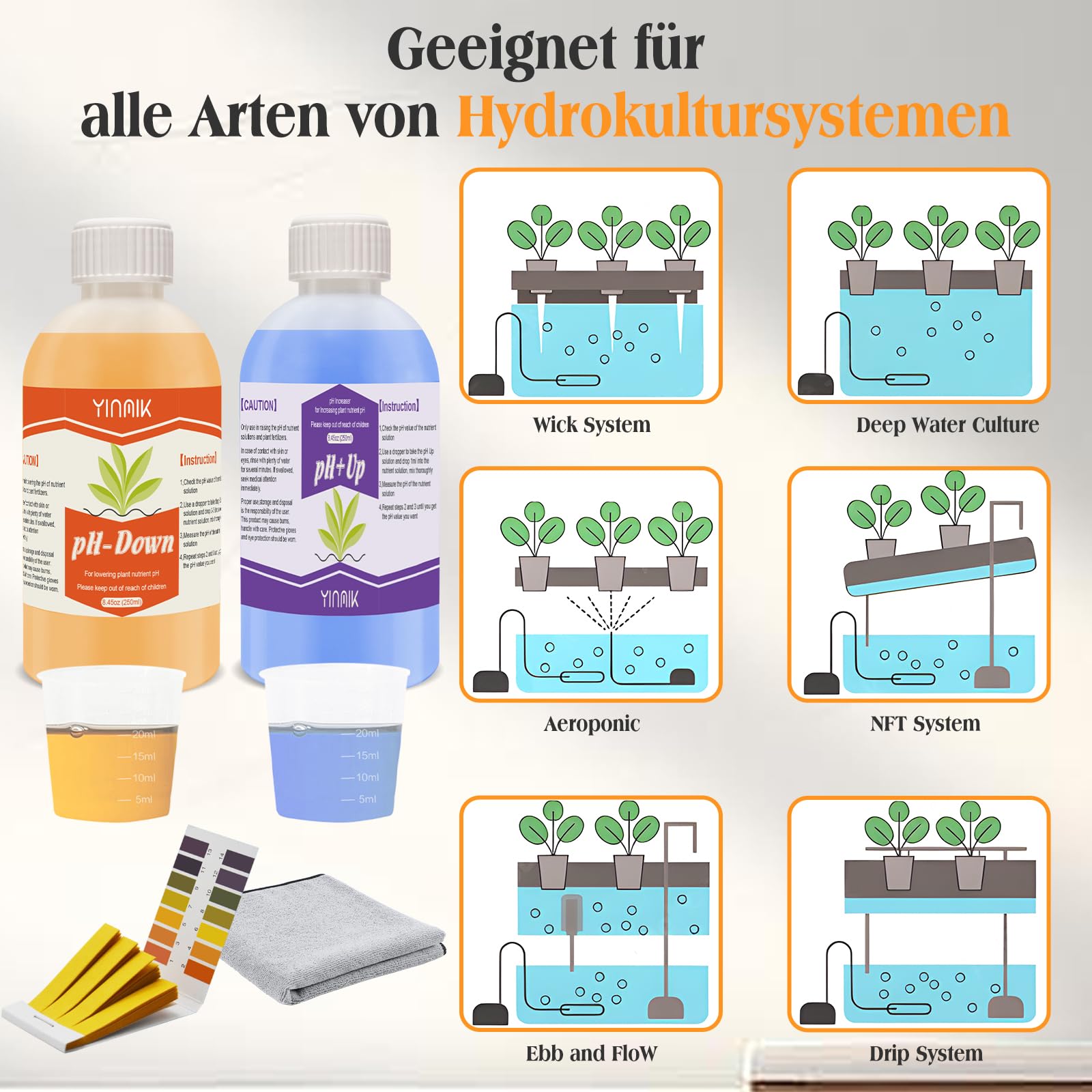pH Regulator für Hydrokultur, pH Up and pH Down Liquid, pH Regulatorflüssigkeit zur Senkung oder Erhöhung des pH Werts, 250 ml Premium-Puffer, geeignet für alle Hydrokultursysteme (Erde und Wasser)