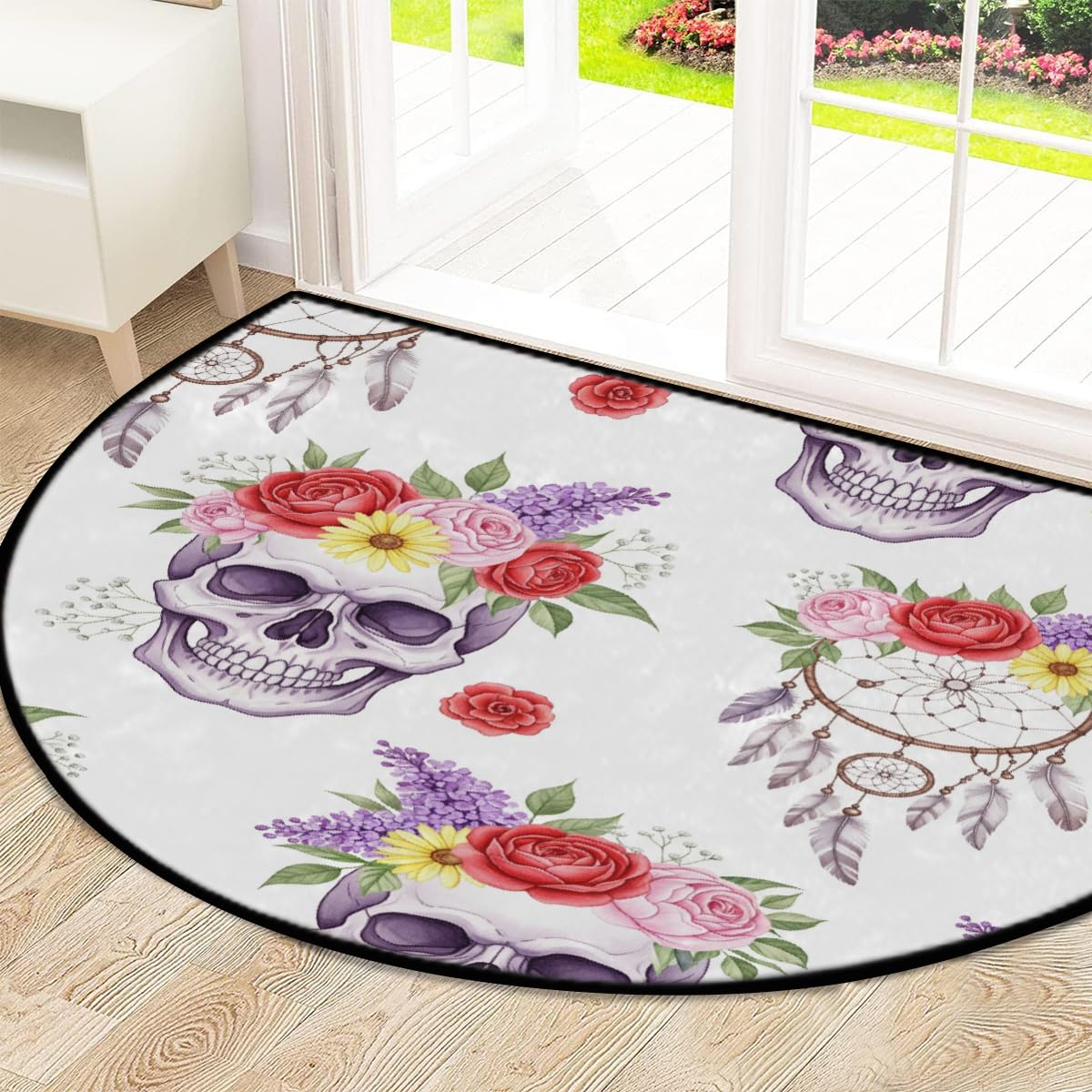Große halbrunde Fußmatte – Boho-Totenkopf-Blumenmuster, waschbar, rutschfest, halbrund, Eingangsbereich, niedlich, weich, halbrund, saugfähig, Teppich für Küche, Badezimmer, Schlafzimmer, 160