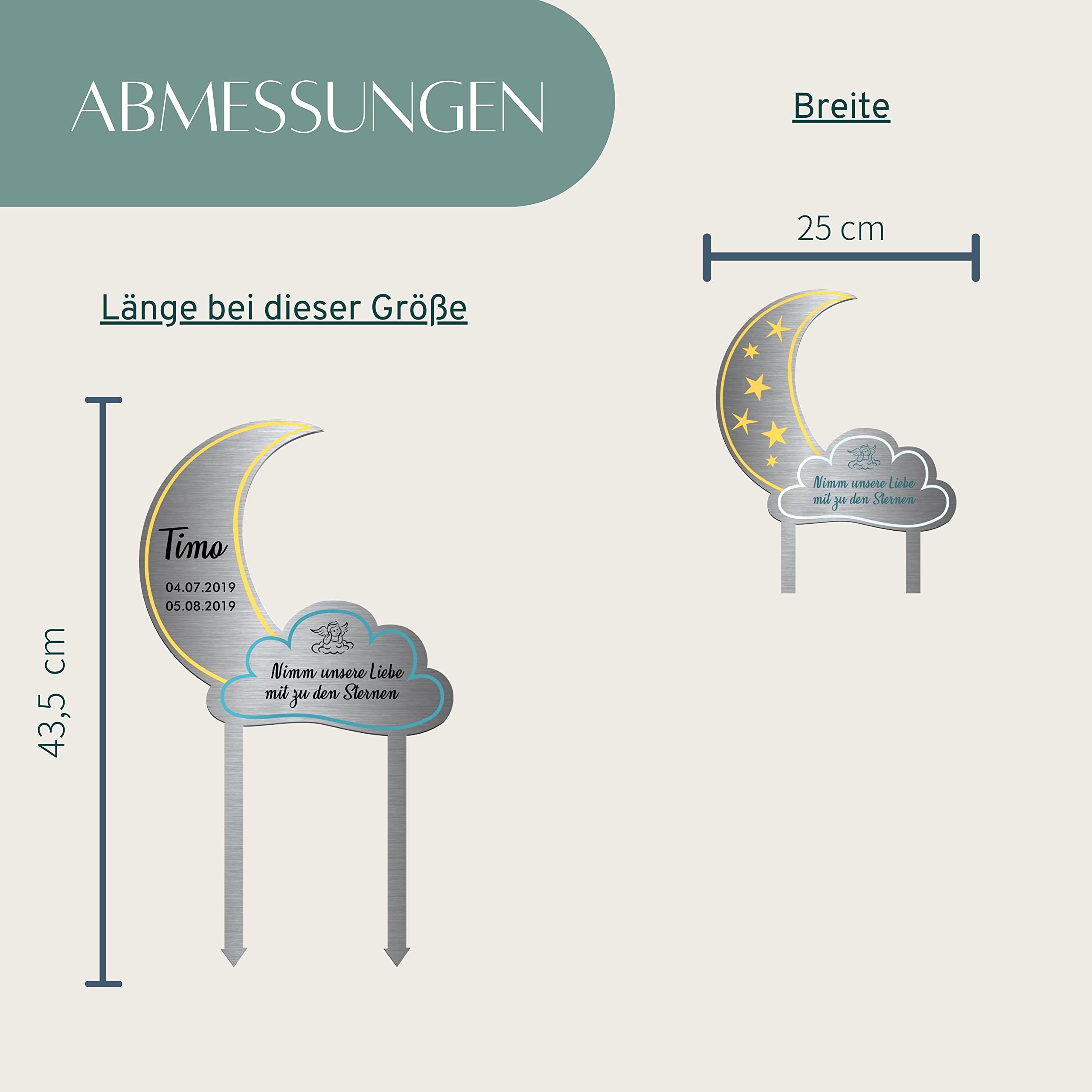 Edelstahl Grabstecker Mond - Blumenstecker Metall | Personalisiertes Sternenkind Andenken - Sternenkinder Grabschmuck wetterfest | persönliche Friedhof Grab Kindergrab Deko (Personalisierbar)