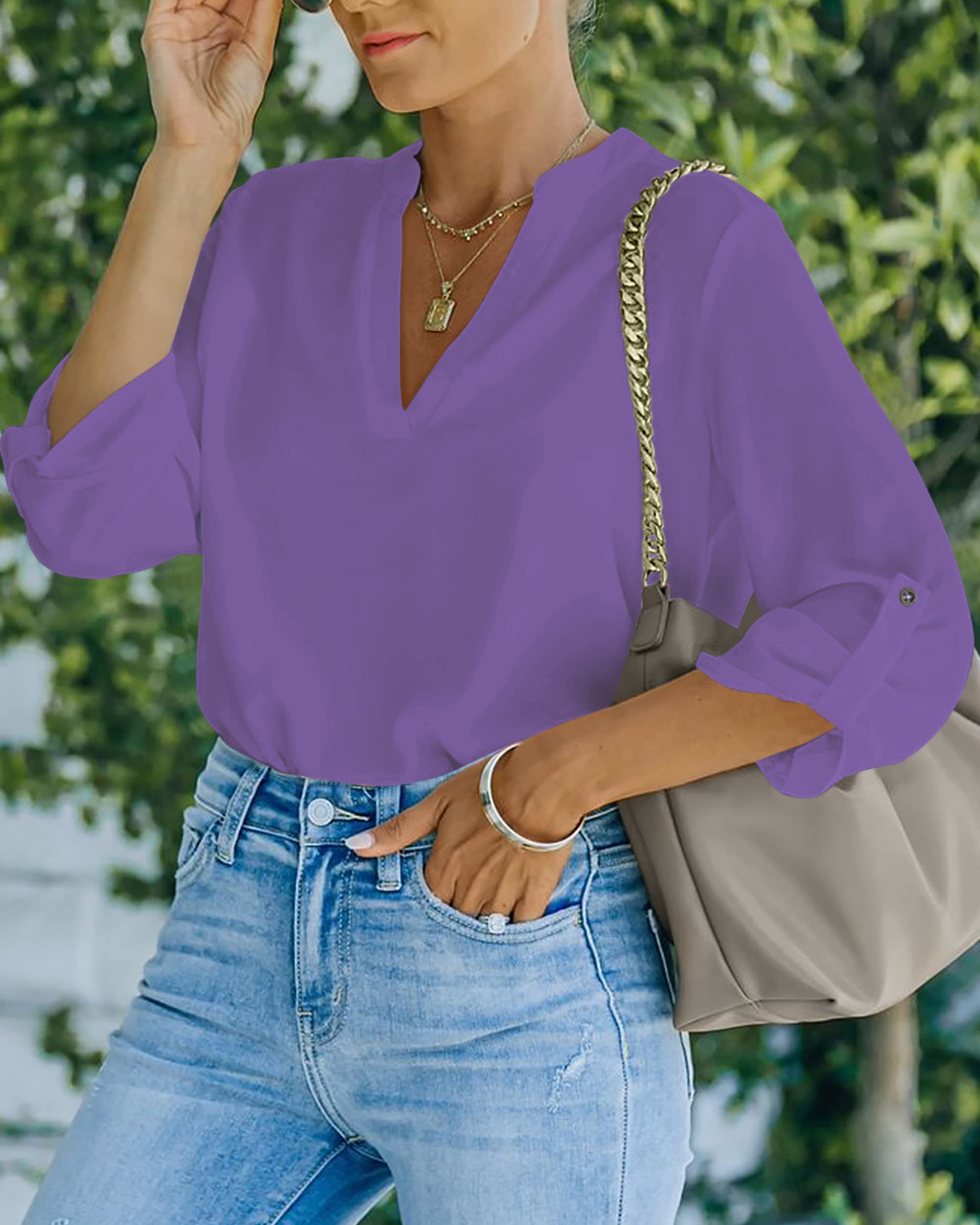 NONSAR Camicetta da donna Henley, elegante, con scollo a V, maniche arrotolabili, in stile casual