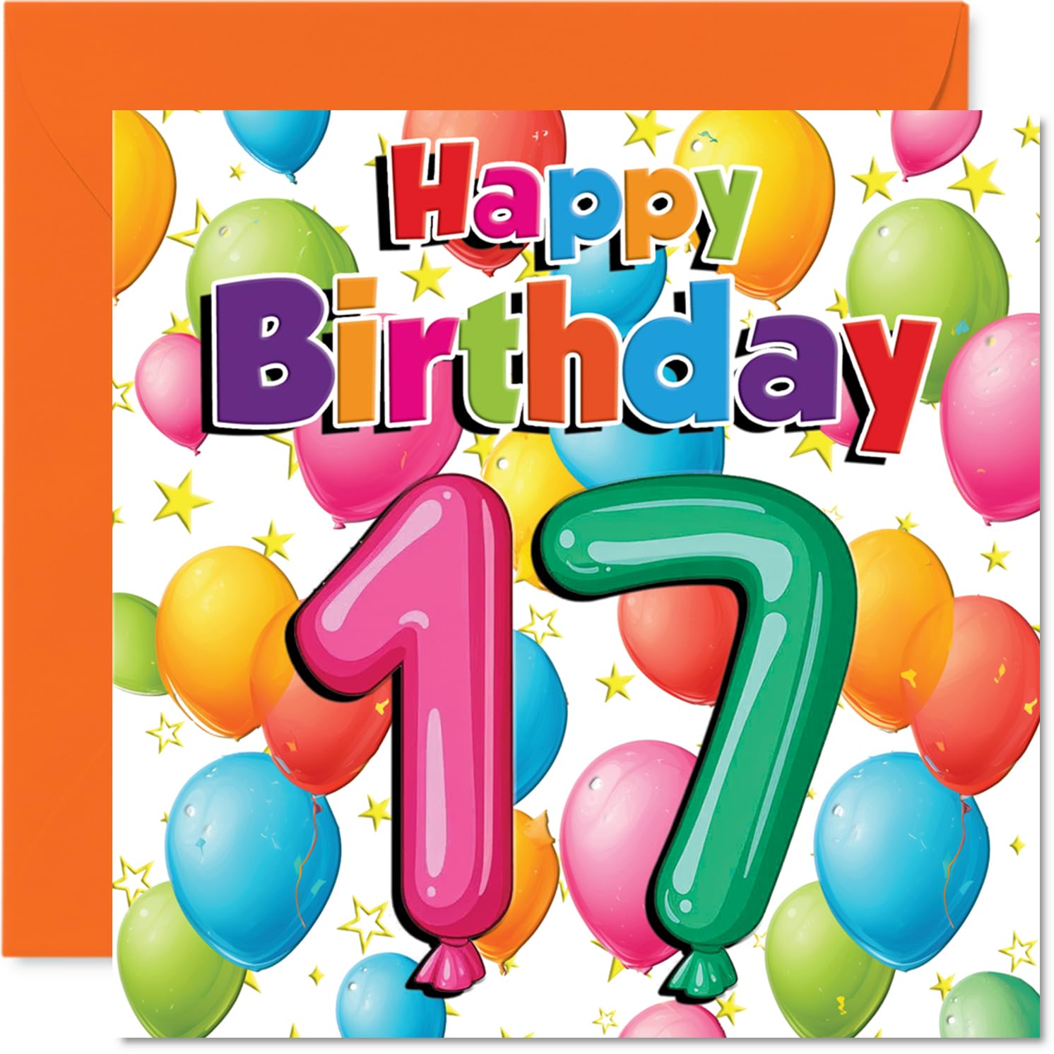 Playful 17th Birthday Card - Bursting with Birthday Cheer - Colourful Balloons and Stars Design - Brings a Smile to Any Celebration - 145mm Square, Envelope Included