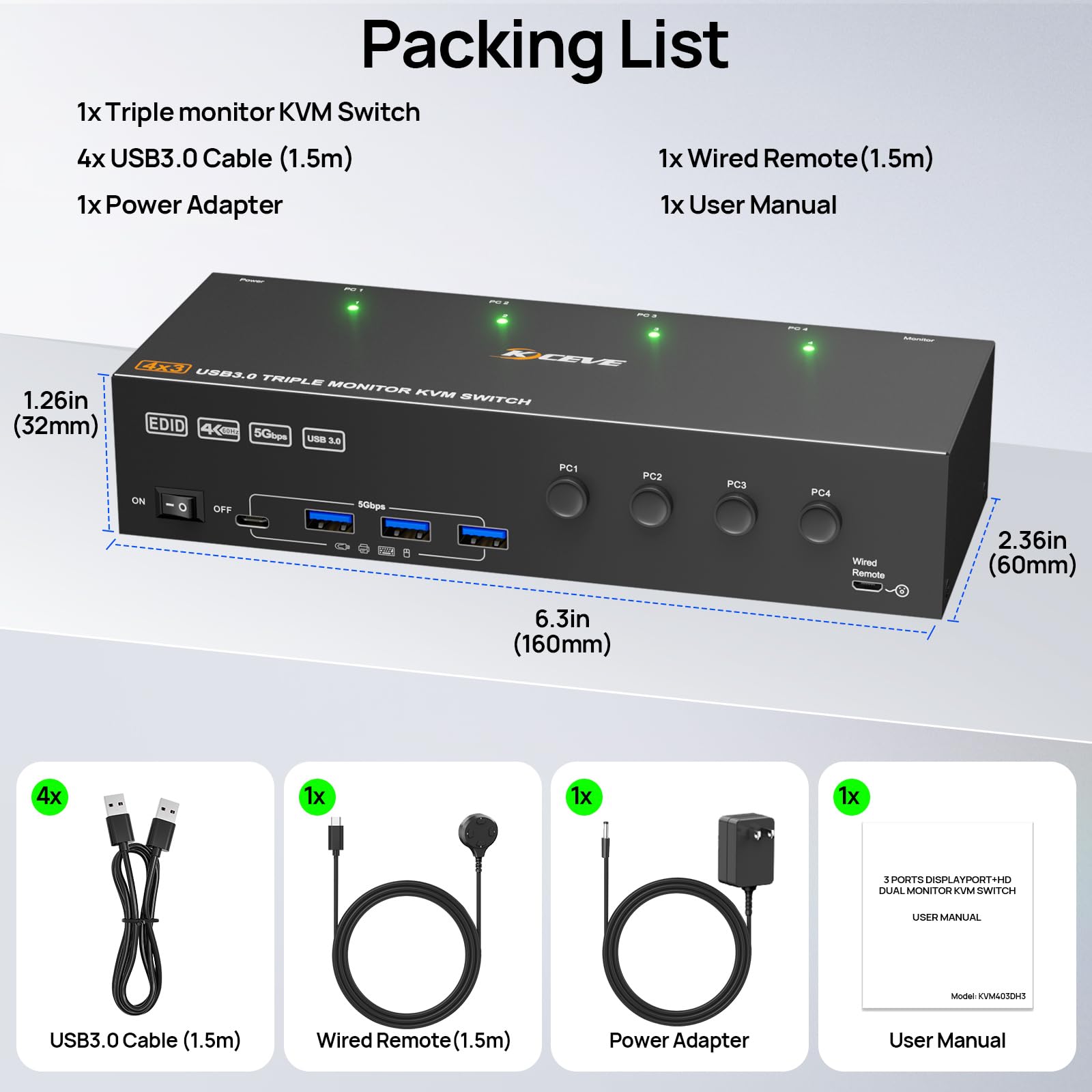 KVM-Switch, 3 Monitore, 4 Computer, 4 K @ 60 Hz, EDID-Simulation, USB 3.0, HDMI-Displayport, KVM-Switch, Dreifach-Monitor für 4 PC-Share-3-Monitore und Tastatur-Maus-Drucker, mit kabelgebundener