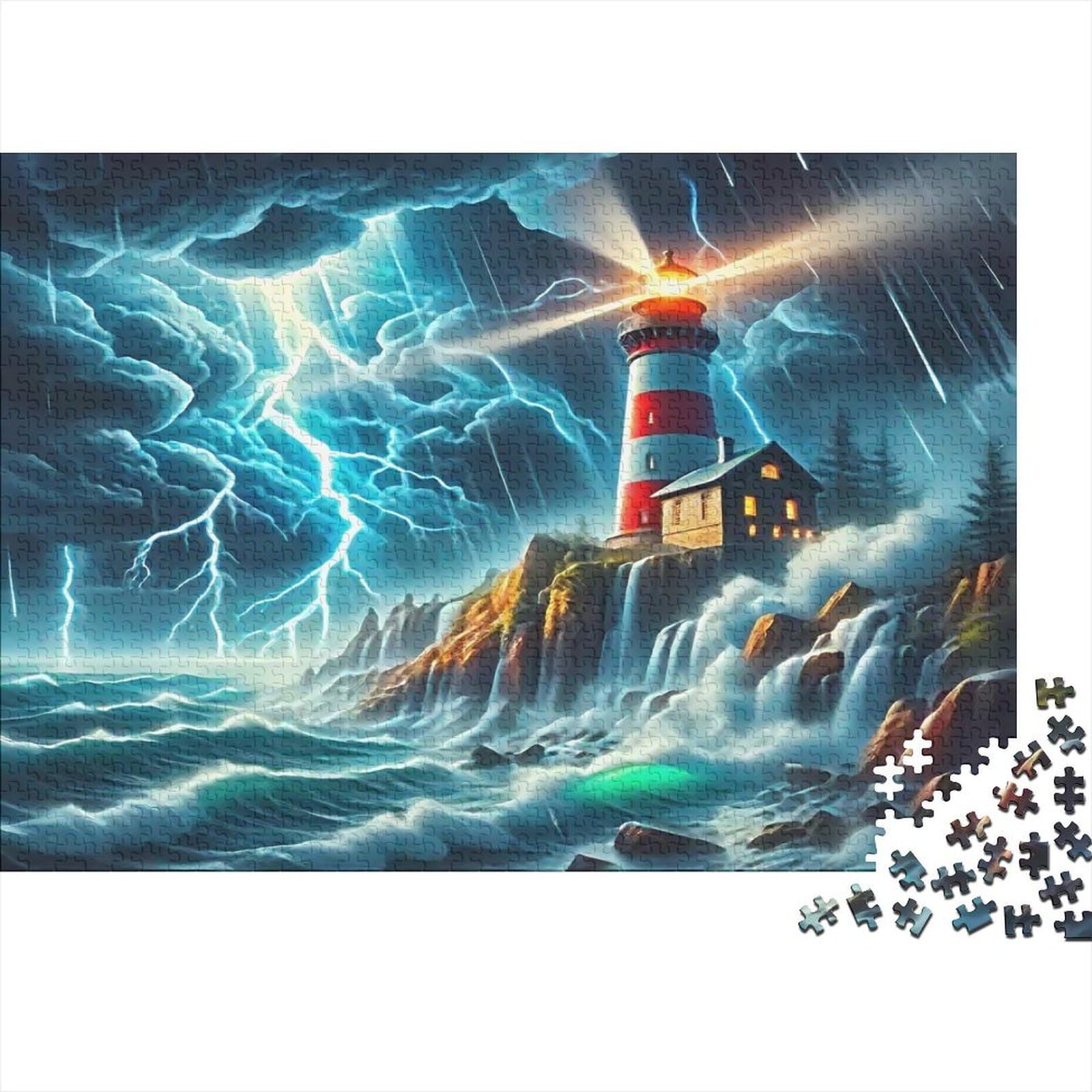 Lighthouse Storm 1000 Piece Jigsaw Puzzle Paper for Adults Night Scene Puzzle Game for Family Calm Decoration 38x26cm/1000pcs