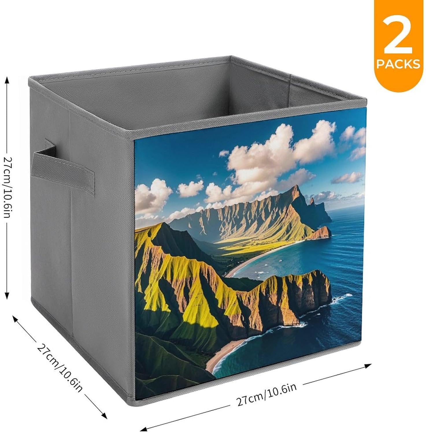 Seaside Mountain Skyline Foldable Storage Box with Handles, Durable Oxford Storage Cubes, 2PCS Collapsible Closet Organizer for Home, Shelf, Office, Travel