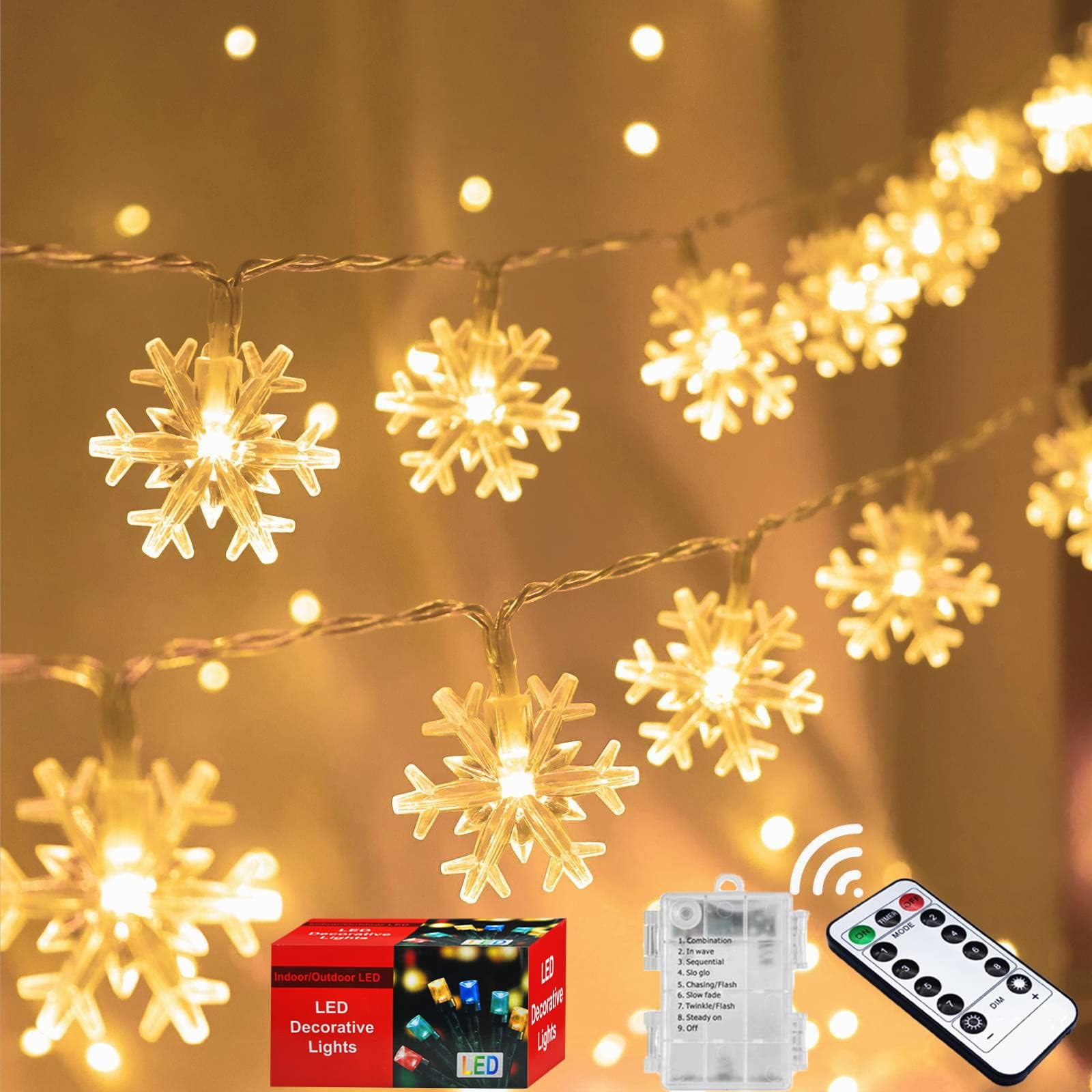 Tiokkss Christmas Decoration Snowflake Lights, 80LED 10M Christmas Lights with Remote, Twinkle Snowflake String Lights Battery Operated, 8 Modes Xmas Light Waterproof for Room Decorations Warm White