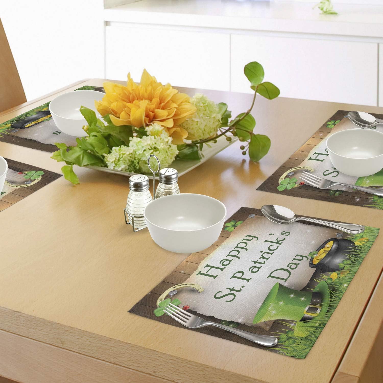 Ambesonne St. Patrick`s Day Place Mats Set of 4, Happy Celebration Text on Wooden Planks Gold and Hat Irish Tradition, Washable Fabric Placemats for Dining Table, Standard Size, Brown Cream