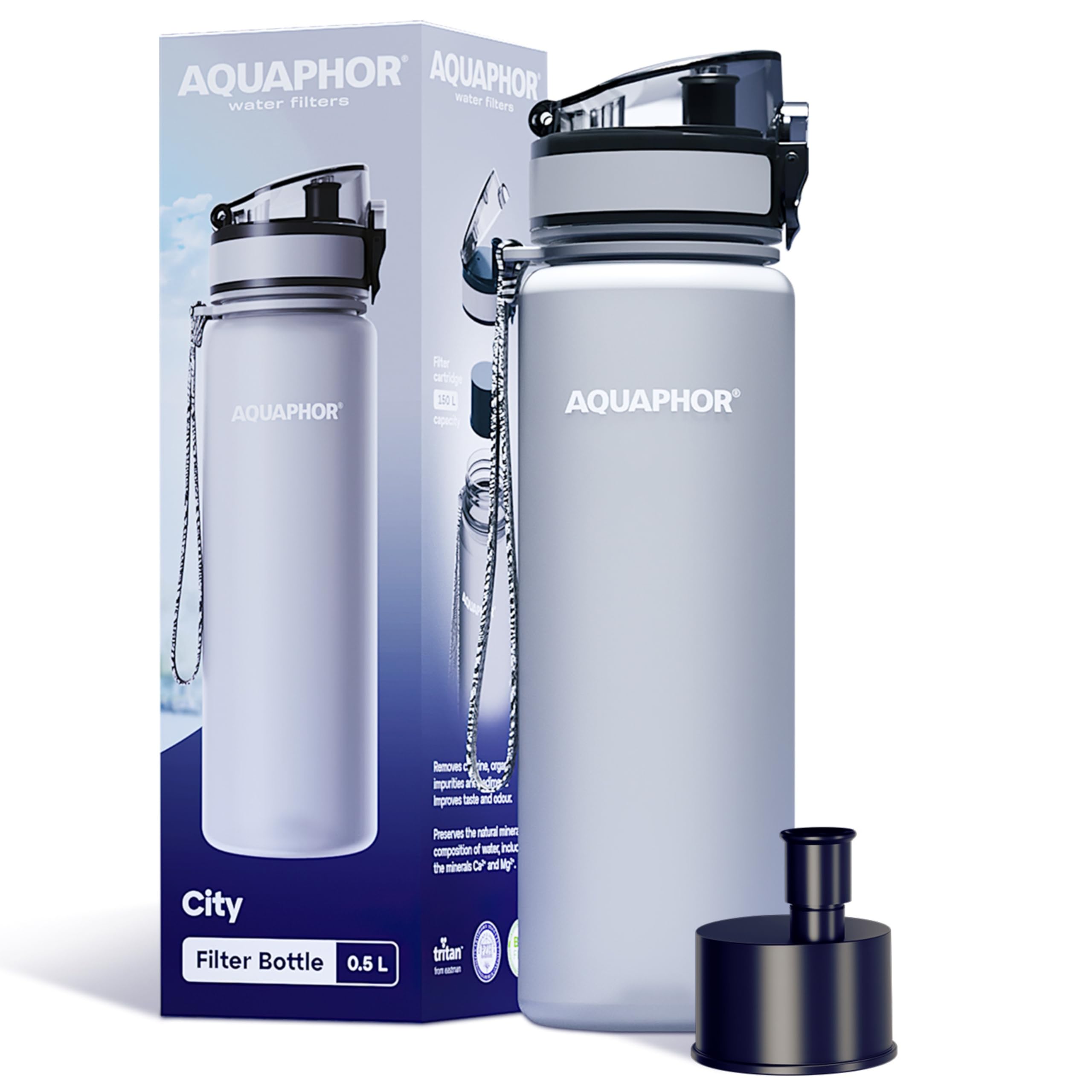 Aquaphor Grey City Bottle 500Ml | Travel Water Bottle With Activated Carbon Filter | Filters Chlorine & Impurities | Made Of Tritan & Bpa-Free | Stay Hydrated On The Go!