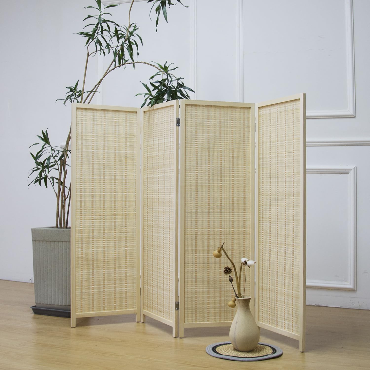Furnnylane 4 Panel Bamboo Room Divider Short Folding Screen Divider,Double Sided Bamboo Divider Screen for Room Separation,Beige,120 cm H x 156 cm W