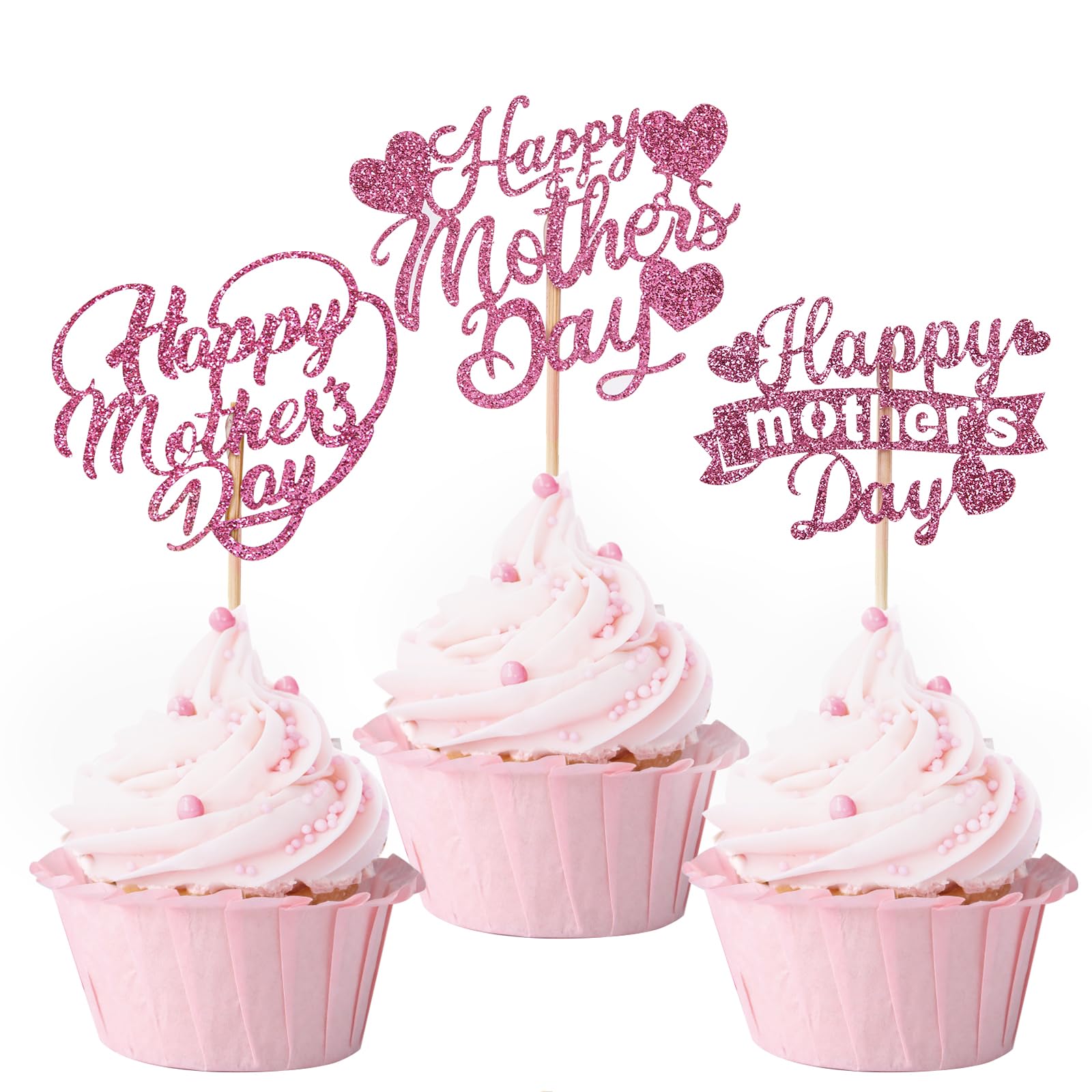 60Pcs Happy Mother's Day Cupcake Toppers,Glitter Hollow Heart Love Mother Birthday Cupcake Picks for Mother's Day Party Cupake Decorations,Pink