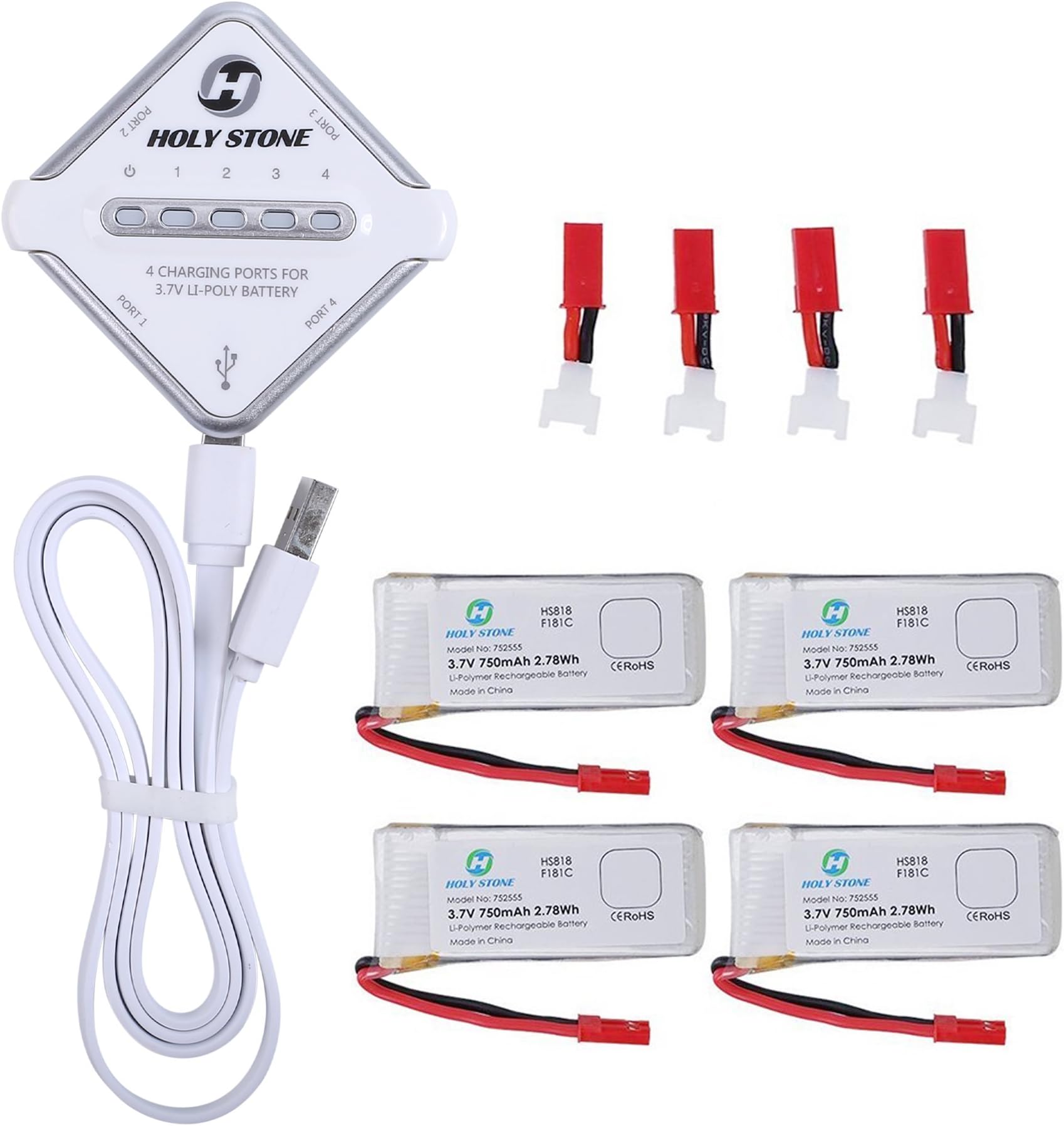 Holy Stone 4-in-1 Battery Charger and 4Pcs 3.7V 750mAh Rechargeable Li-Po RC Drone Batteries for F181C