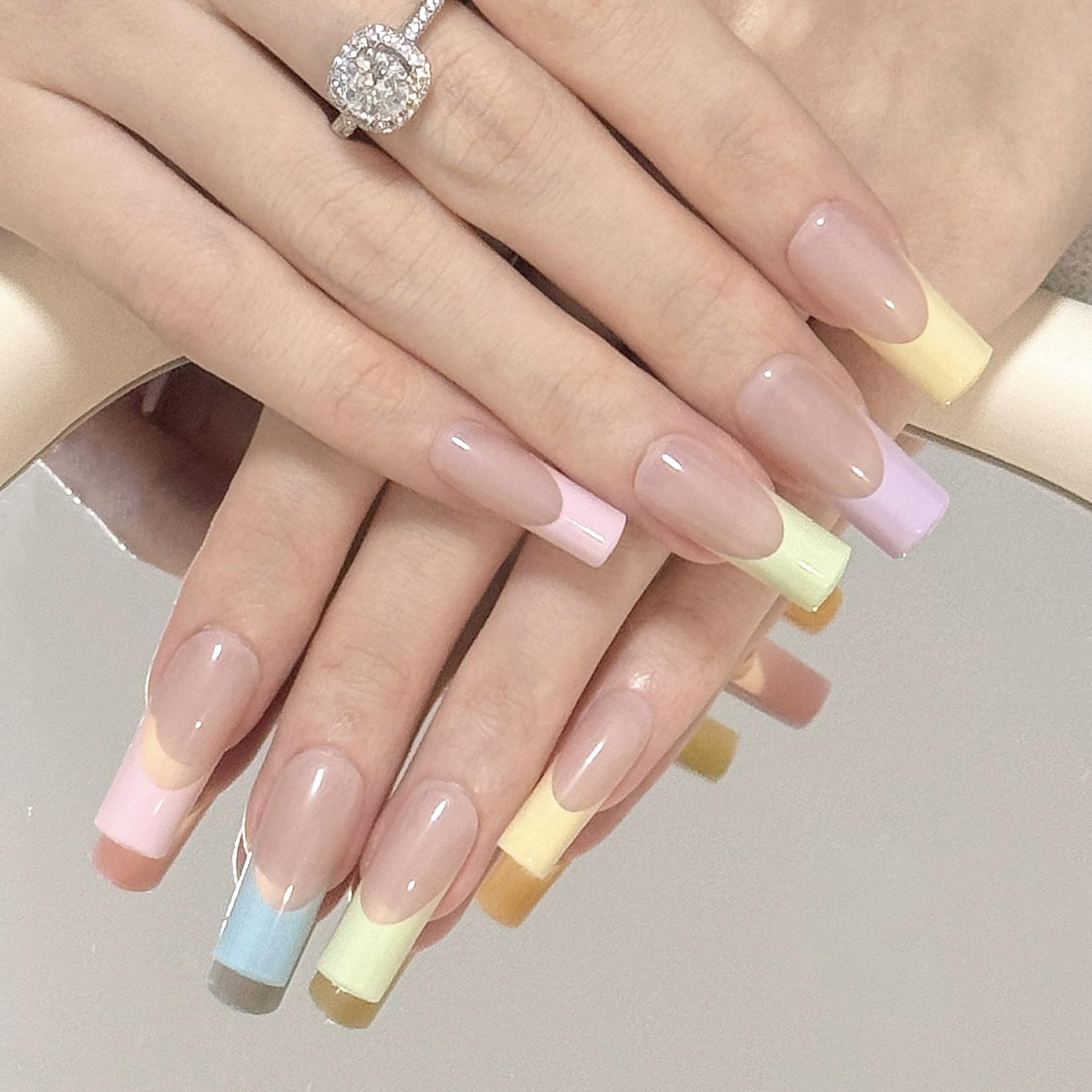 150 Pcs French Tip Press on Nails - Long Square Press on Nails, French Tip Gel X Nails French Press on Nails, Colored Nail Tips Soft Gel Nail Tips