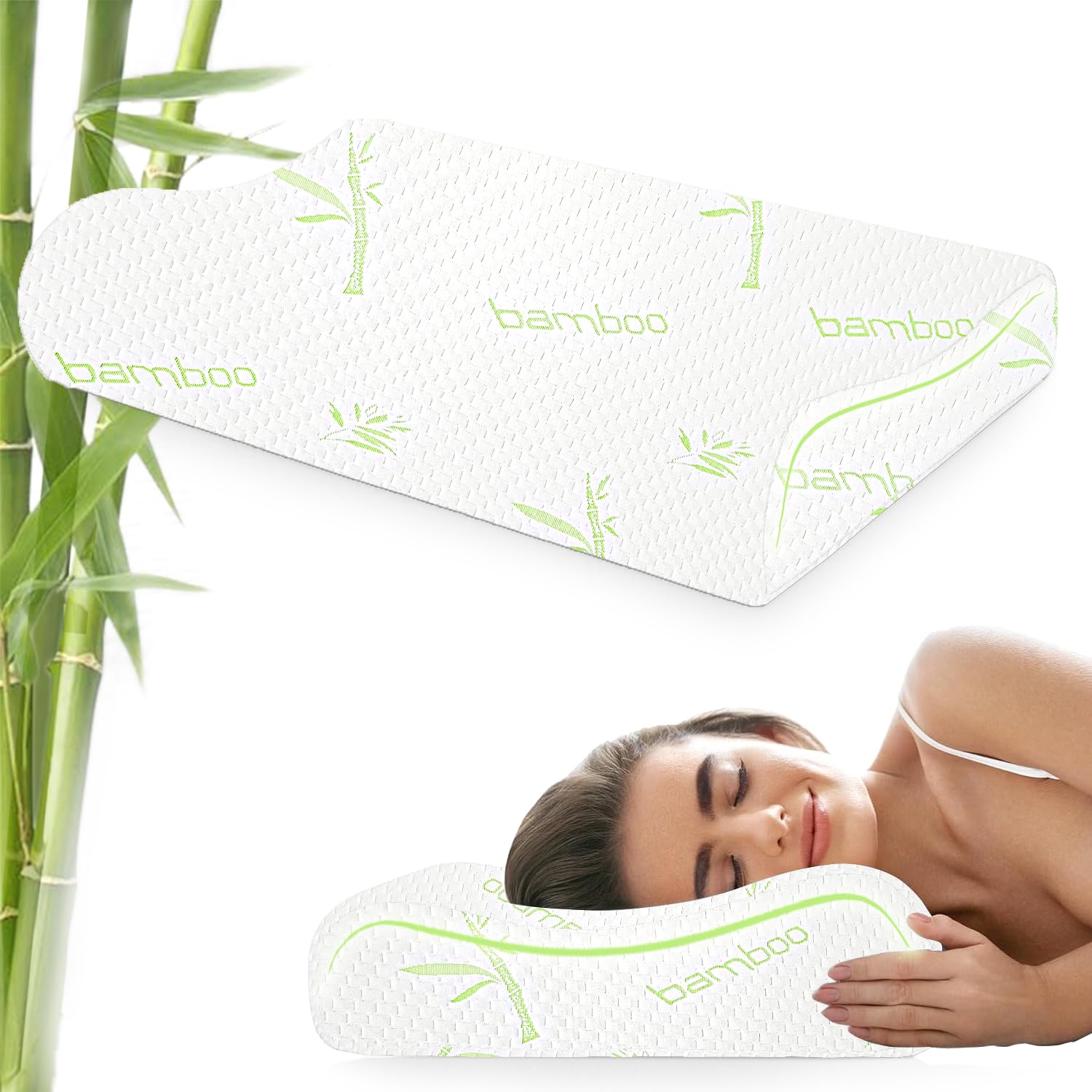 AYKA Bamboo Cervical Memory Foam Pillow For Neck & Shoulder Pain Relief | Orthopedic Contour Pillow For Sleeping & Spinal Alignment | Ergonomic Support | 2-Year Warranty (Set of 1),White & Green-image-2