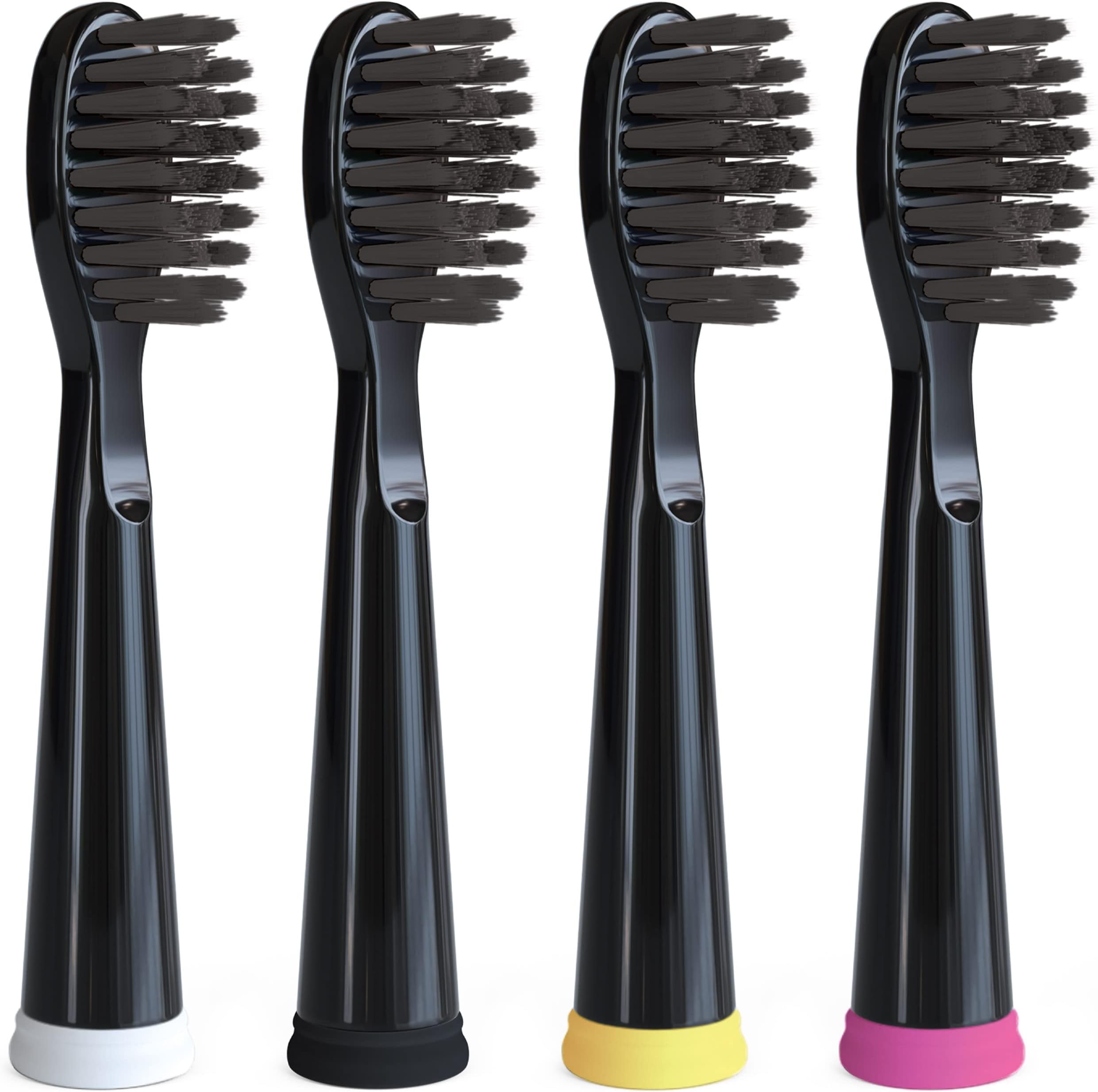 Replacement Electric Toothbrush Heads for Fairywill, Sonic-FX, SnapWhite – Soft Nylon Charcoal Bristle Twist Lock Replacement Tooth Brush Head, Compatible with Electric Toothbrushes (Black, Pack of 4)