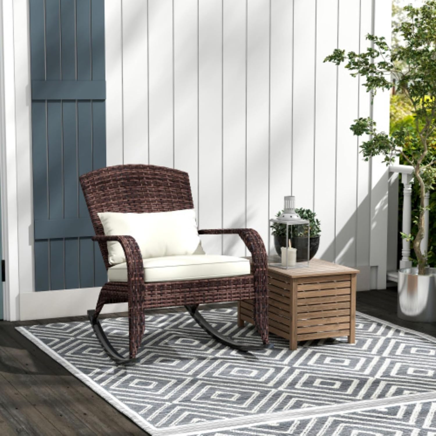 Outdoor Wicker Adirondack Rocking Chair, Patio Rattan Rocker Chair with High Back, Seat Cushion and Pillow for Garden, Porch, Balcony, Mixed Brown + Cream White