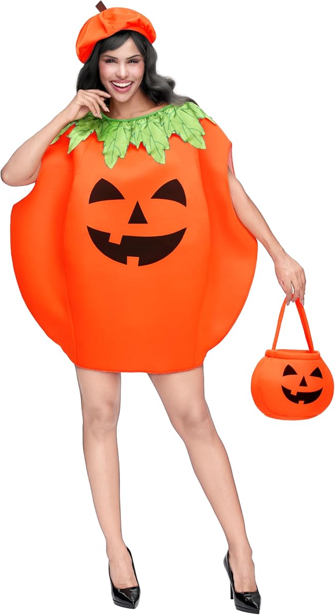 Spooktacular Creations Juego de disfraz de calabaza para mujer adulta, 3 piezas, con sombrero de calabaza, bolsa, disfraz de Halloween, juego de rol para adultos