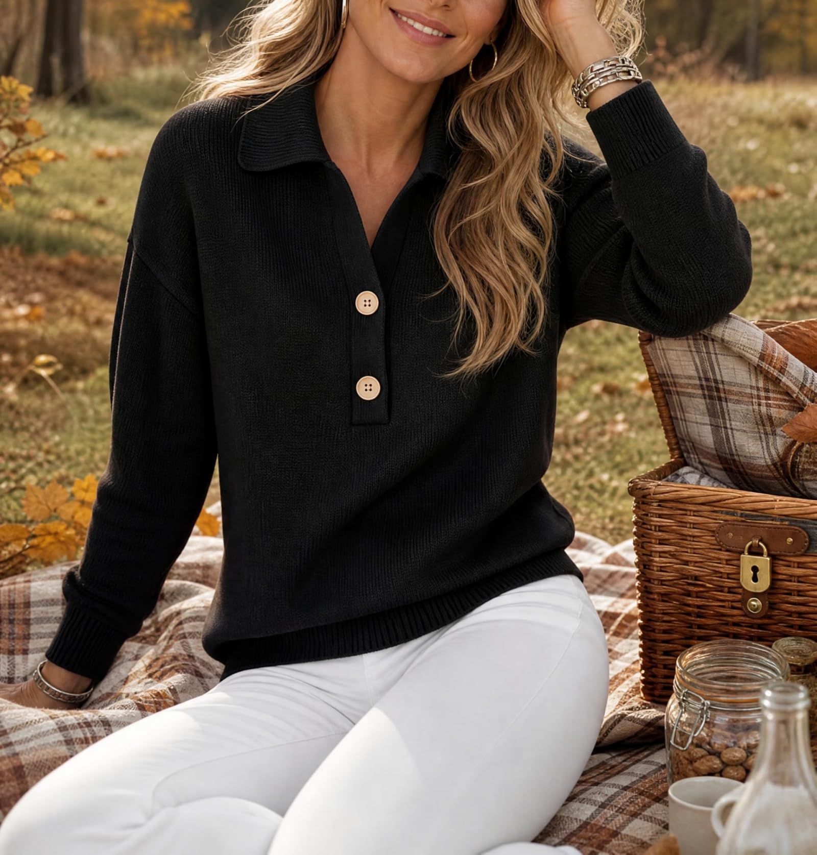 Polo da donna con colletto a polo, maniche lunghe e risvolto, scollo a V | Knoopsluiting met Henley-sluiting, mouwen met verlaagde schouders, relaxte losse pasvorm, lange Abbottonatura Henley