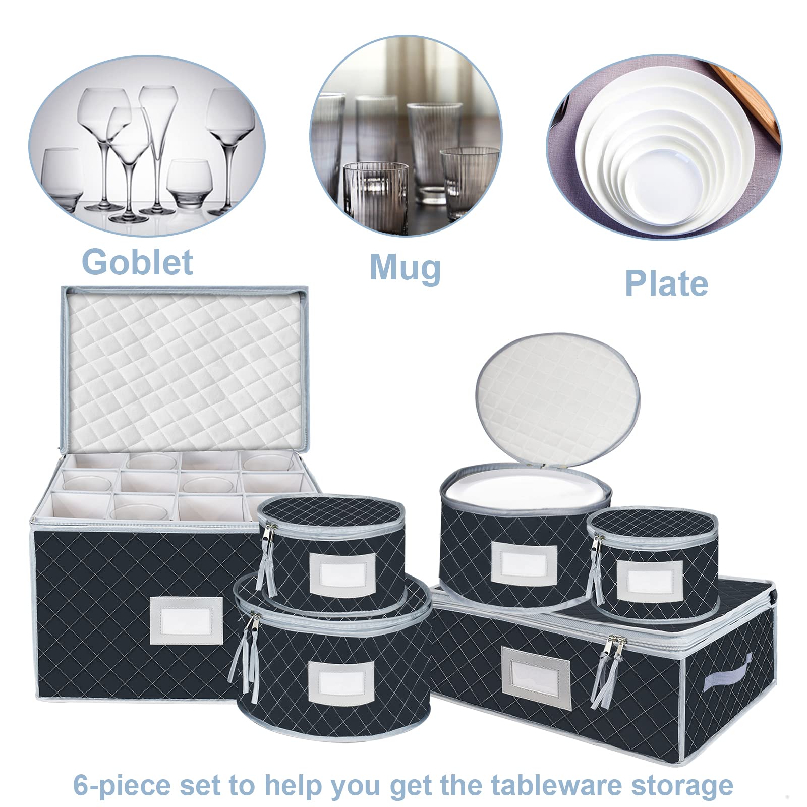 Juego de contenedores de almacenamiento para vajilla de porcelana - Estuches para vajilla, tazas y copas - Cajas acolchadas con divisores, asas, ventana transparente para tazas, platos y copas