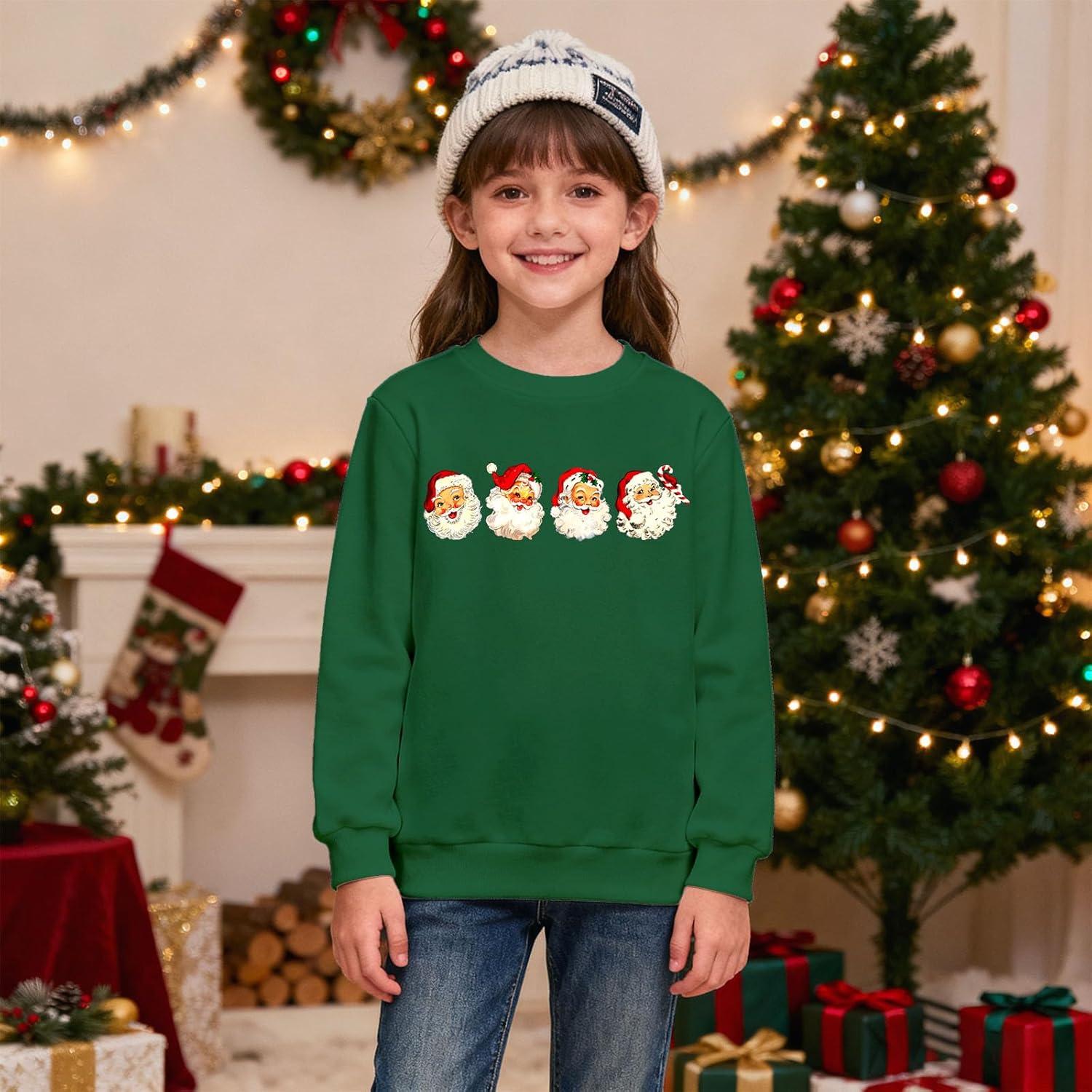 Kid Girls Christmas Sweatshirt Retro Santa Claus Graphic Shirts Xmas Crewneck Pullover Holiday Tops Clothes 7-12Y - Image 2