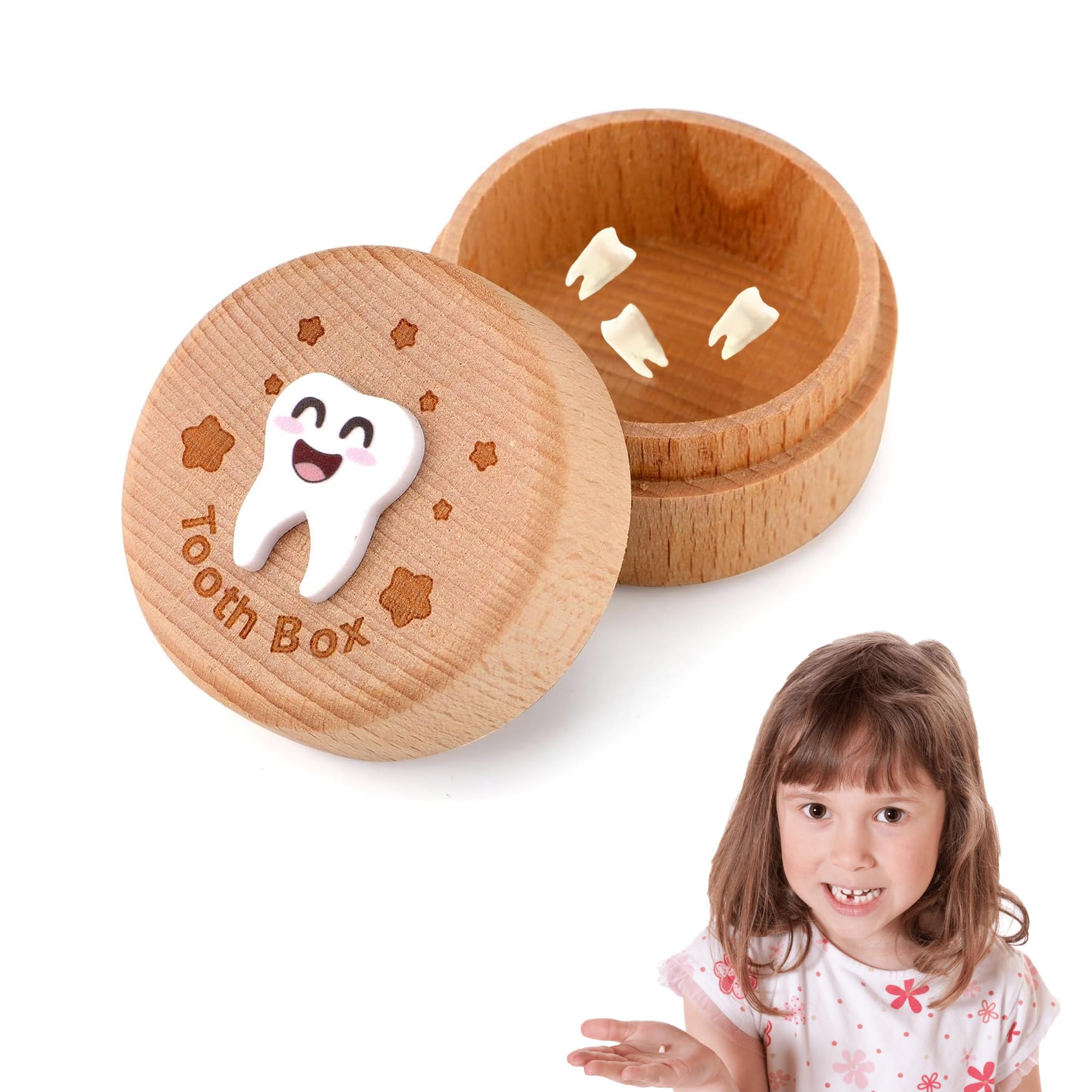 hioseyre Tooth Fairy Keepsake Box, 3D Carved Tooth Holder for Lost Teeth Gift for Baby, Light Brown