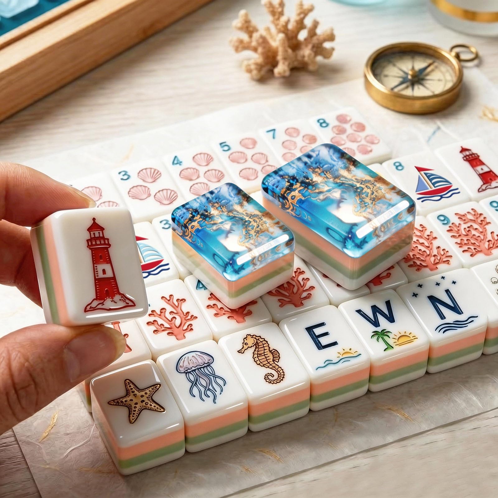 Set Mahjong nautico Ocean, acrilico premium a 4 strati inciso a mano