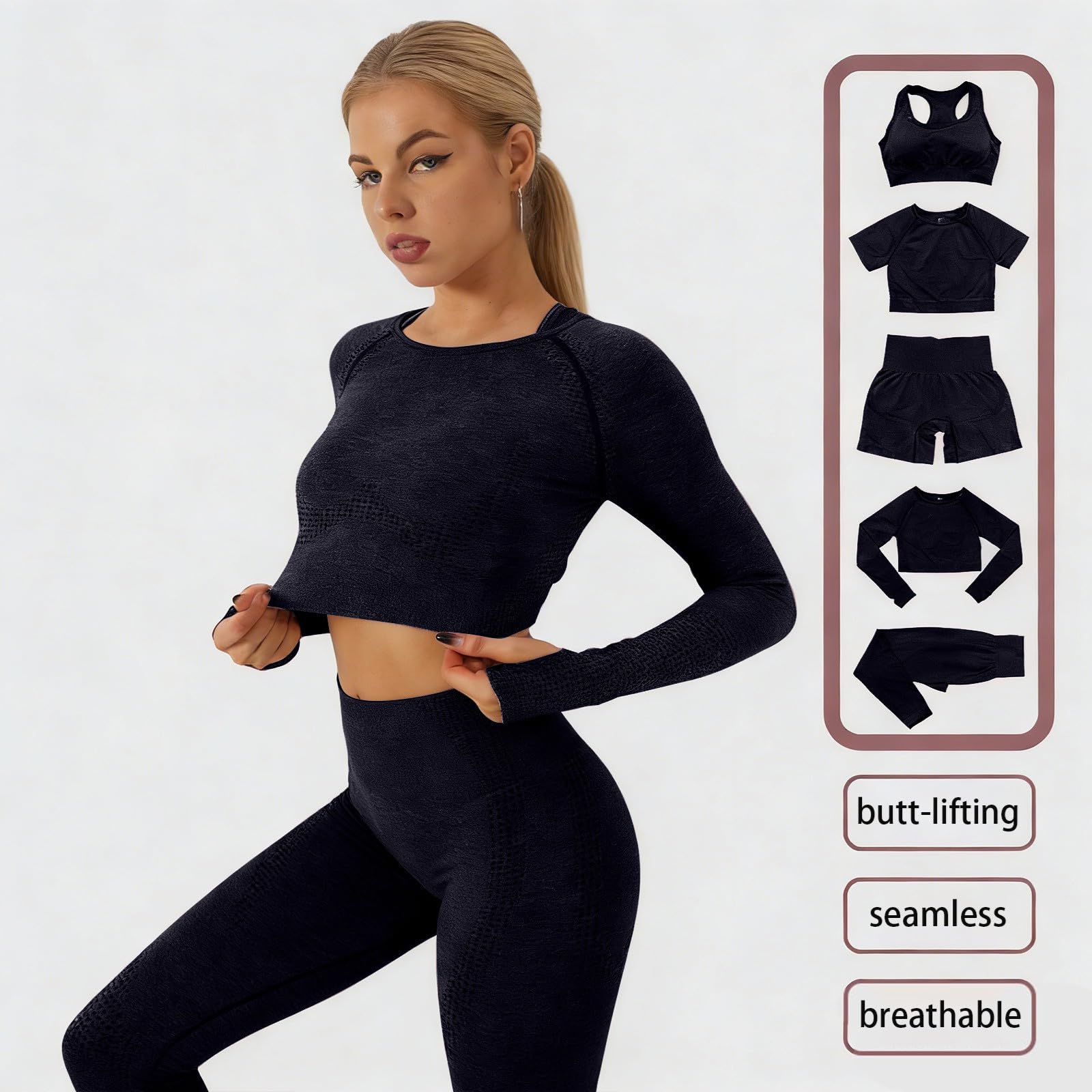 Generisch Set da yoga da donna, 5 pezzi, senza cuciture, con leggings, pantaloncini, reggiseno sportivo e magliette, set completo di abbigliamento sportivo per palestra
