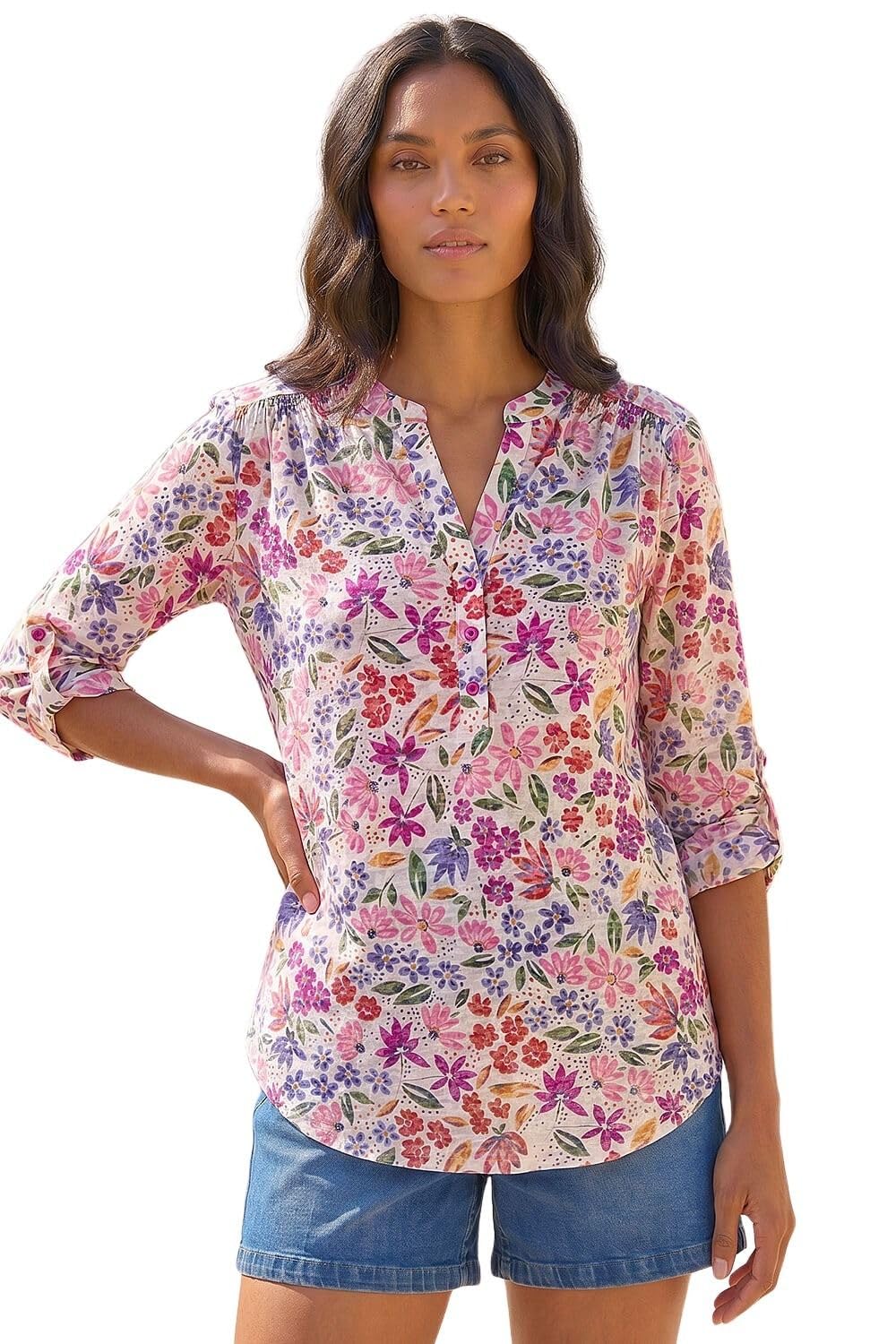 Roman Women's Pink Floral Print Burnout V-Neck Top Size 14
