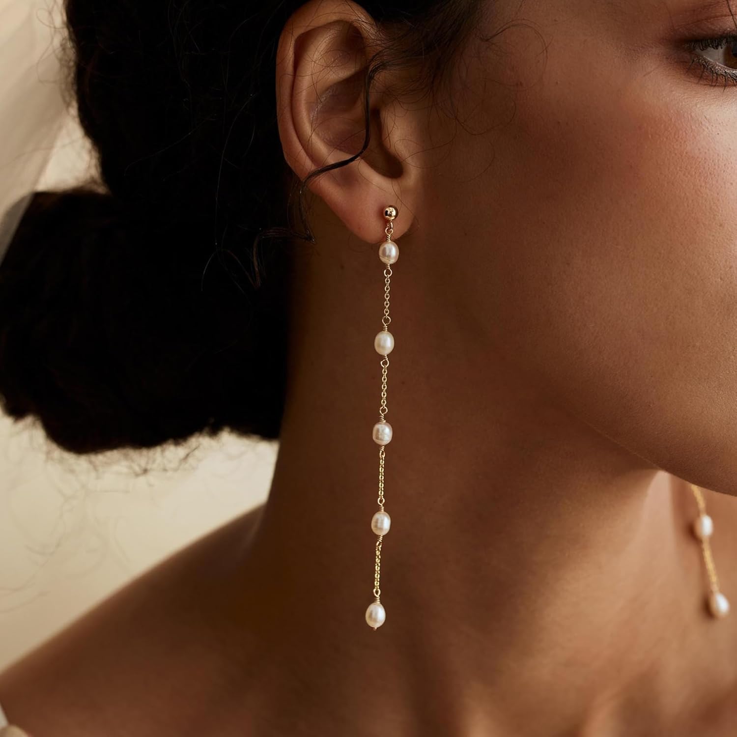 Gold Pearl Earrings for Women, 14K Gold Plated Freshwater Pearl Dangle Earrings Dainty Bridal Earring Wedding Jewelry Bridesmaid Gifts for Women Girls - Image 3