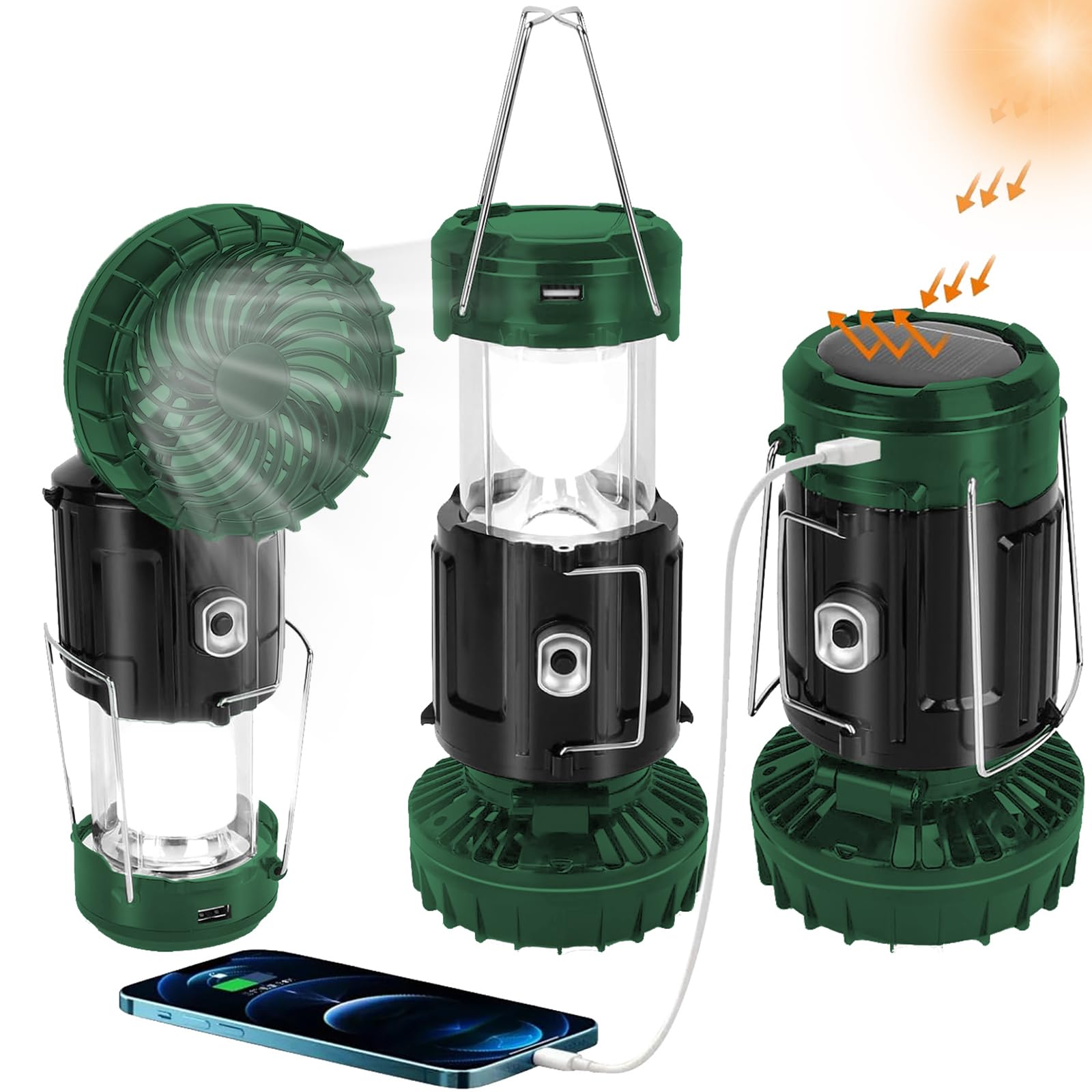 Solar Camping Lanterns with Fan, Collapsible Lightweight Camping Lantern, Rechargeable LED Lanterns Camping Fans for Camping Tent Hurricanes Power Outages Storm Indoor Outdoor, Green