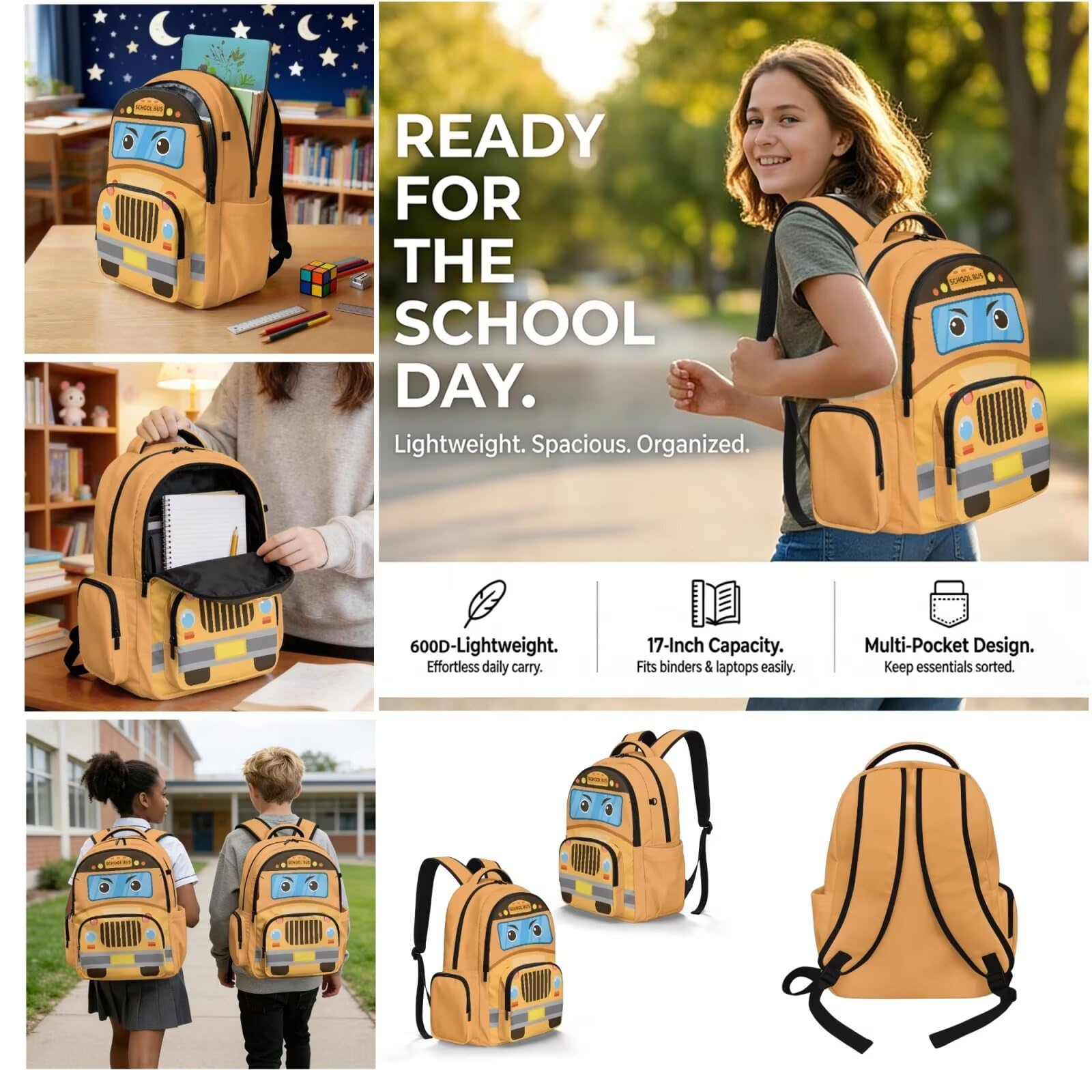 Set di 3 libri scolastici per ragazze con astuccio termico per il pranzo, Bus scolastico, L, Casual