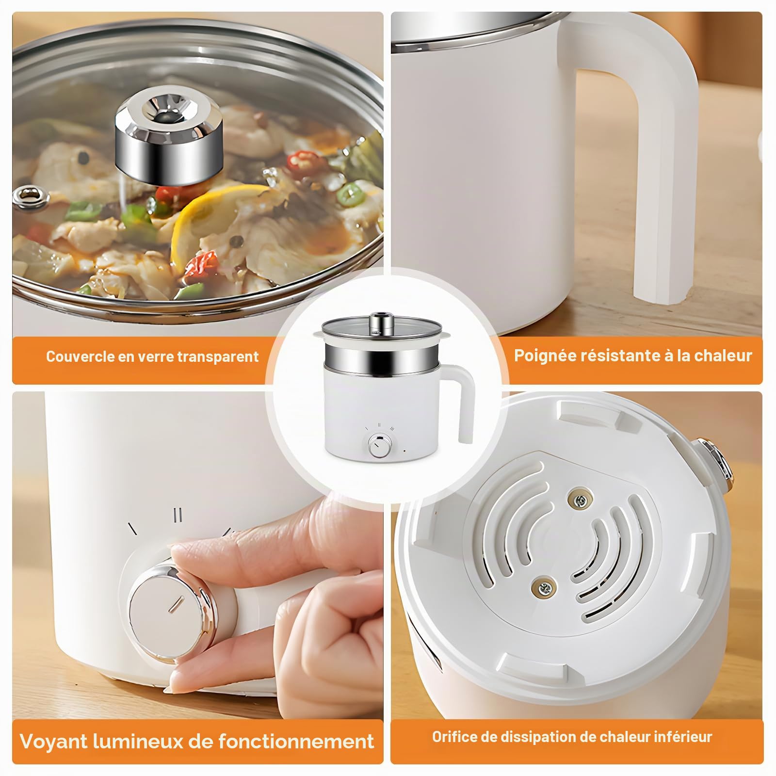 Hot Pot électrique de 1,7 l avec cuiseur vapeur, poêle électrique portable, mini casserole antiadhésive, multi-usages avec deux niveaux de puissance réglables, pour la maison, le bureau, le dortoir