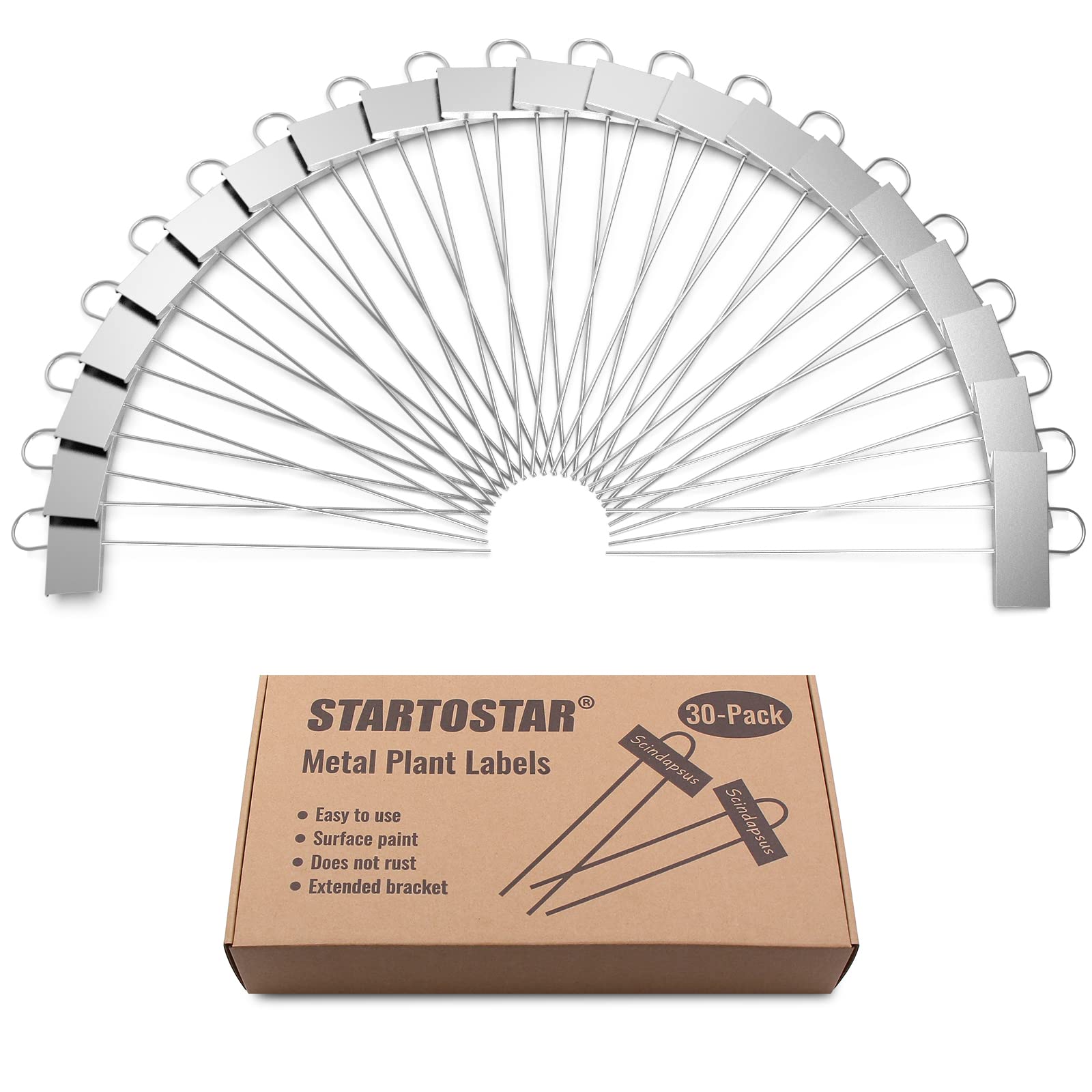 STARTOSTAR Etykiety do roślin zewnętrznych 30 szt., metalowe znaczniki ogrodowe 9 x 3 cm do warzyw, ziół, kwiatów, sadzonek, wielokrotnego użytku i odporne na warunki atmosferyczne (srebrne)