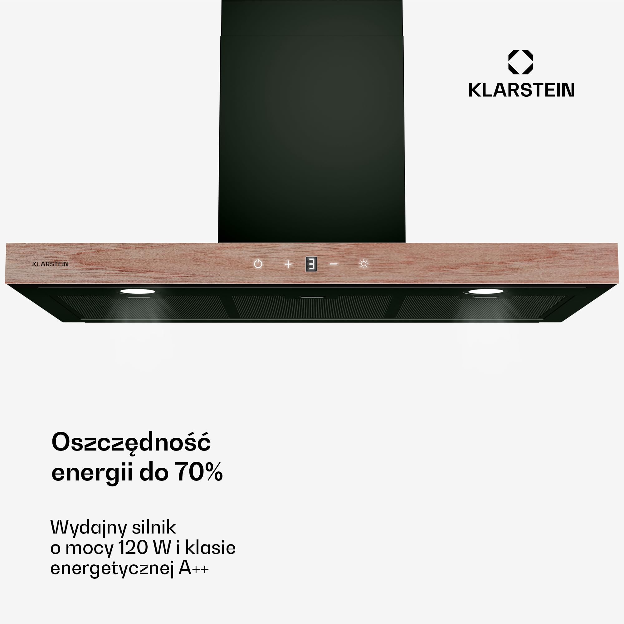 Klarstein ZenFusion T okap kuchenny – montaż ścienny 90 cm, tryb Boost 885 m³/h, klasa efektywności energetycznej A++, LED 4000 K, obsługa dotykowa, cicha praca 47 dB, wywiew i obieg, czarny