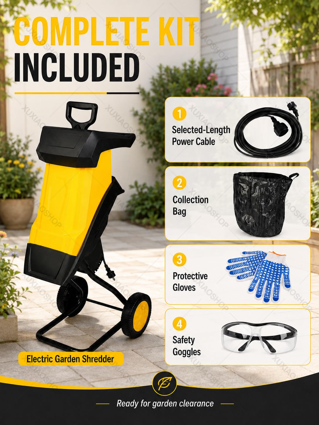 Trituradora de Ramas Eléctrica 2500W Trituradora de Jardín Verde 20MPowerCord | Biotrituradora de Ramas Ø40 mm, 4500 RPM, Trituradora de Hojas con Bolsas, Trituradora para Residuos de Jardín