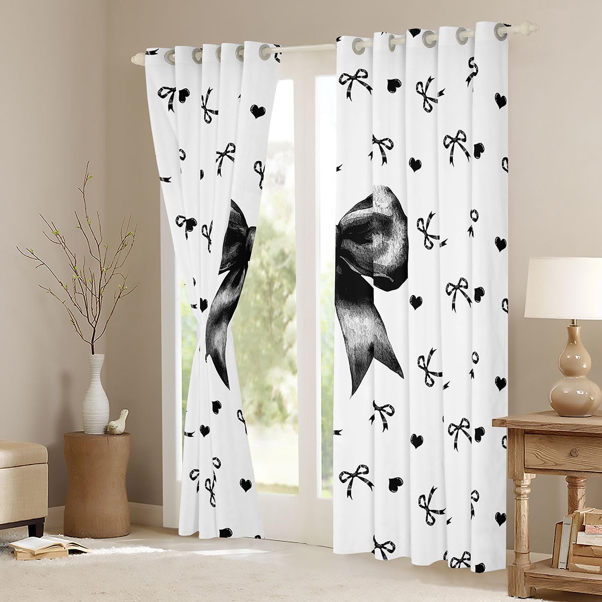 Homewish Czarna muszka, zasłony okienne, 117 x 183 cm, 2 zestawy paneli – , czarne kokardki, zasłony zaciemniające, wstążka księżniczki, muszka, dekoracje okienne, szykowna kokarda do sypialni