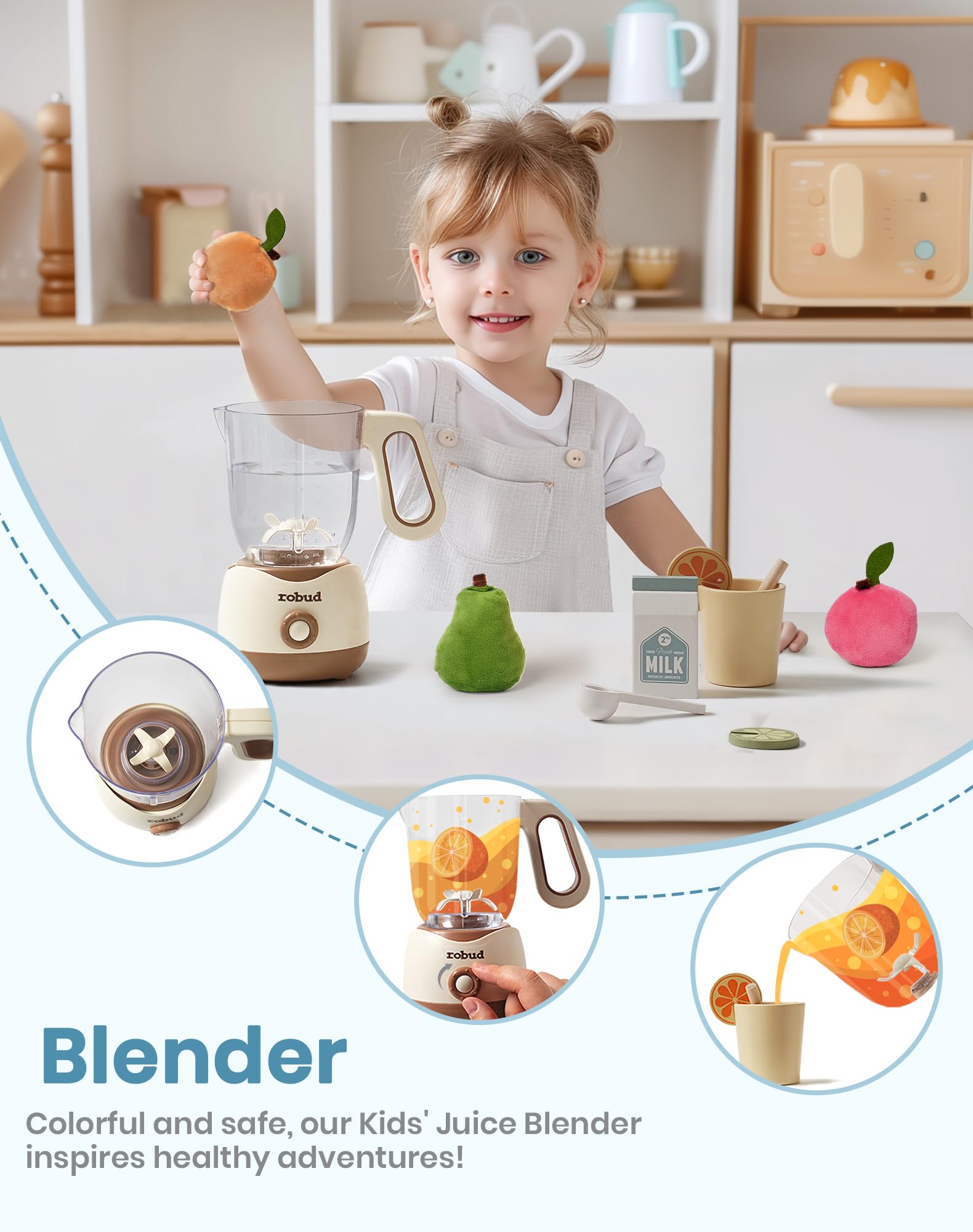 ROBUD Set di accessori da cucina per bambini, utensili da cucina, accessori per la cucina dei bambini, in legno per bambini, tostapane, frullatore, frullatore ad immersione, cuociuova – suoni