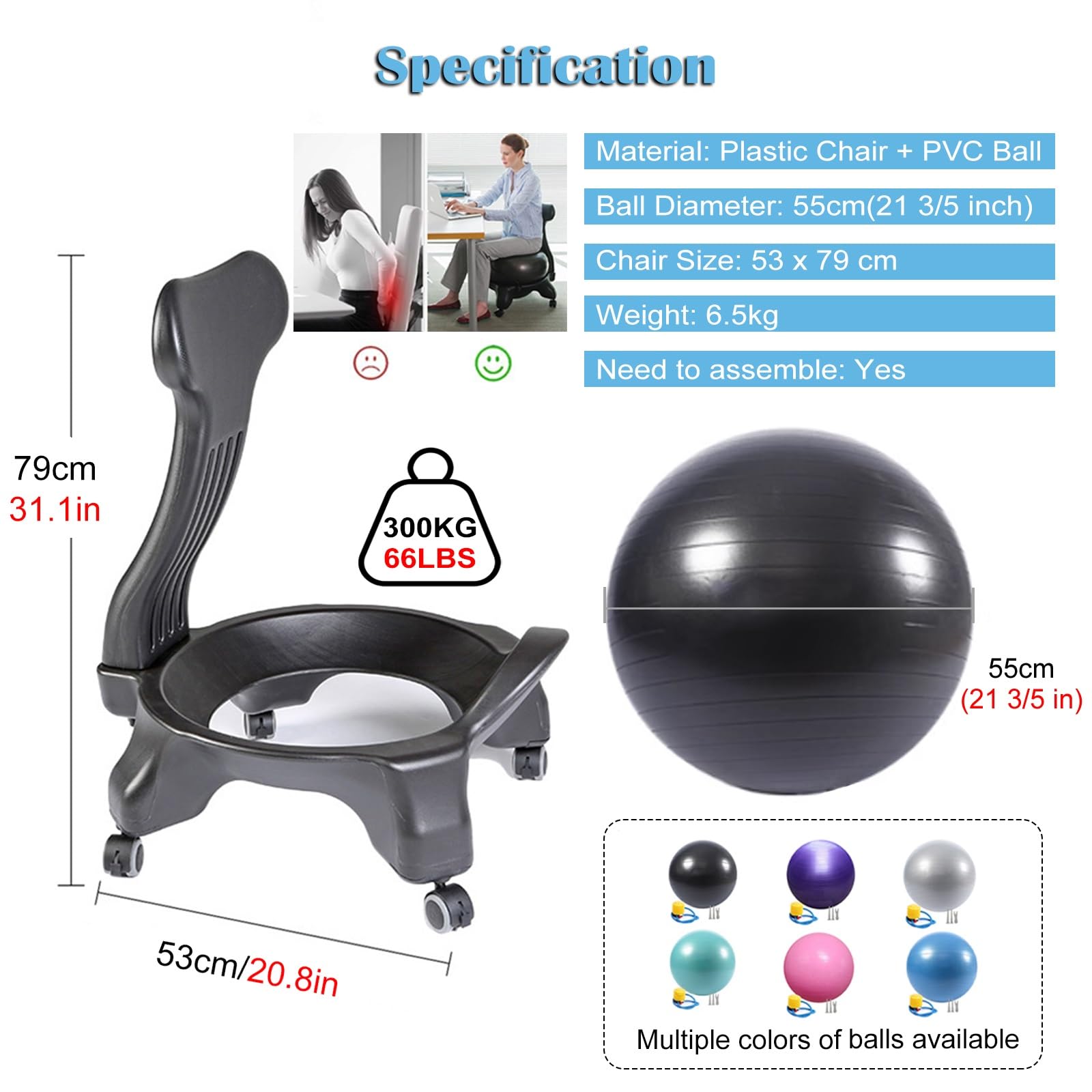 Sedia a Sfera Kit base e palla yoga nera, sedia a sfera flessibile per stabilità per allenamenti di seduta prolungati in ufficio a casa, sedie a sfera sensoriali per fisioterapia