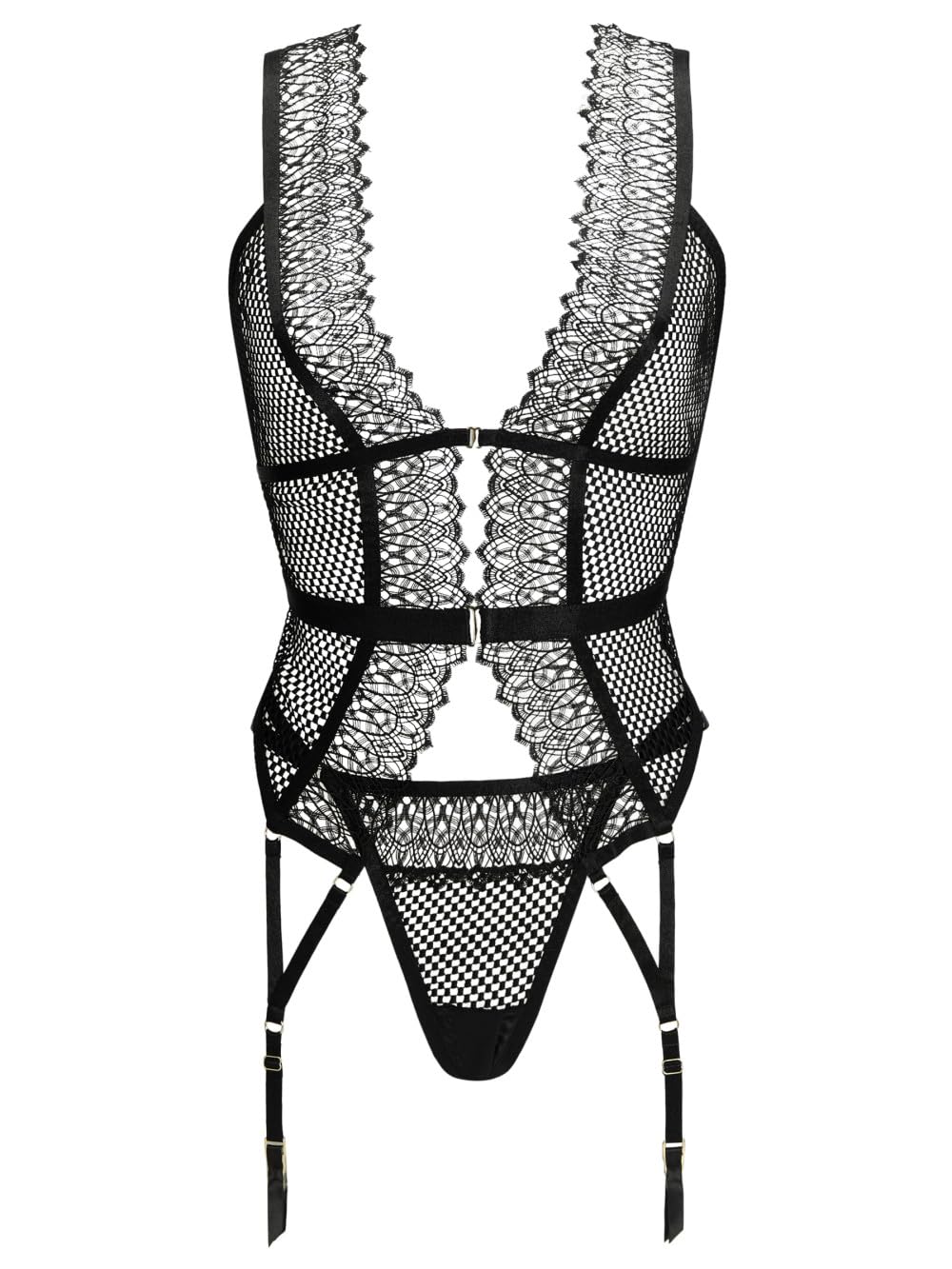 Ann Summers Hailey Cami Suspender – Basque Lingerie for Women with Matching String, Suspenders & Open Strappy Back Black