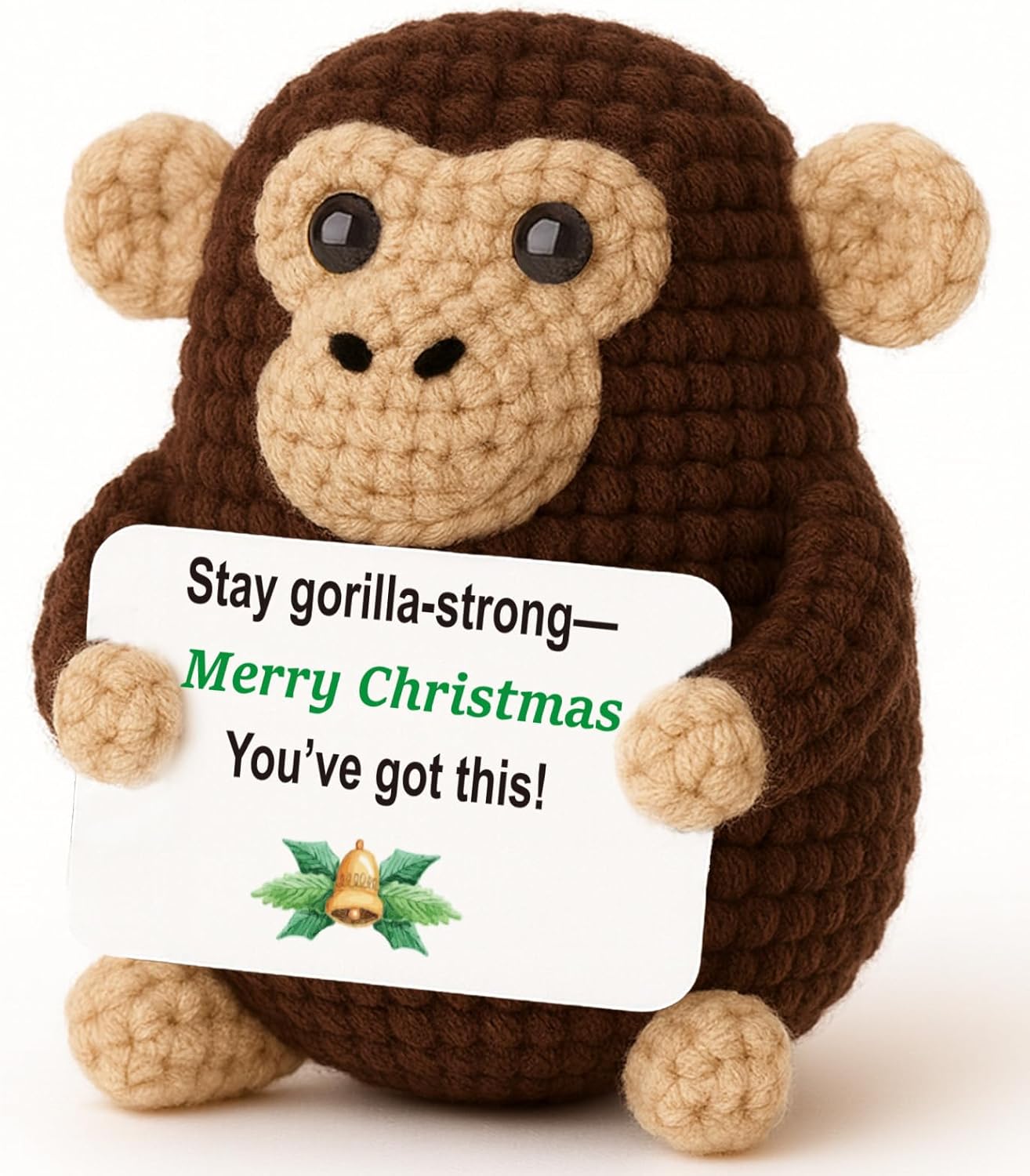 Gift for Dad Coach-Brown Crochet Ape/Gorilla/Chimp 4" Handmade Amigurumi Plush with Uplifting Sign, Small Stuffed Animal Desk Decor for Christmas White Elephant Secret Santa Stuffers