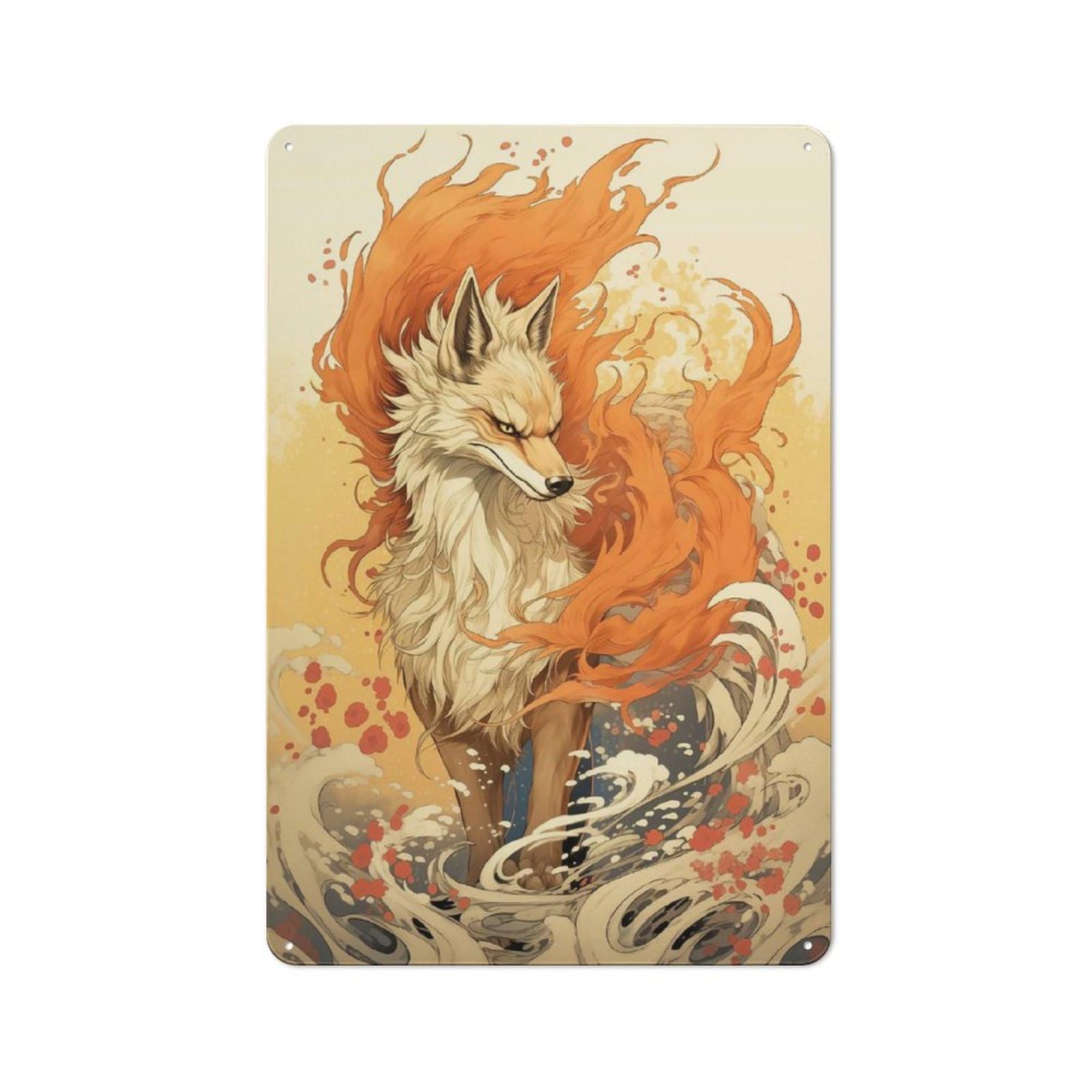 Industrial Metal Sign with Dance of The Kitsune Fox Design 30x20cm, Clean Industrial Urban Room Decor for Flat, Bar, Studio Or Gallery Wall