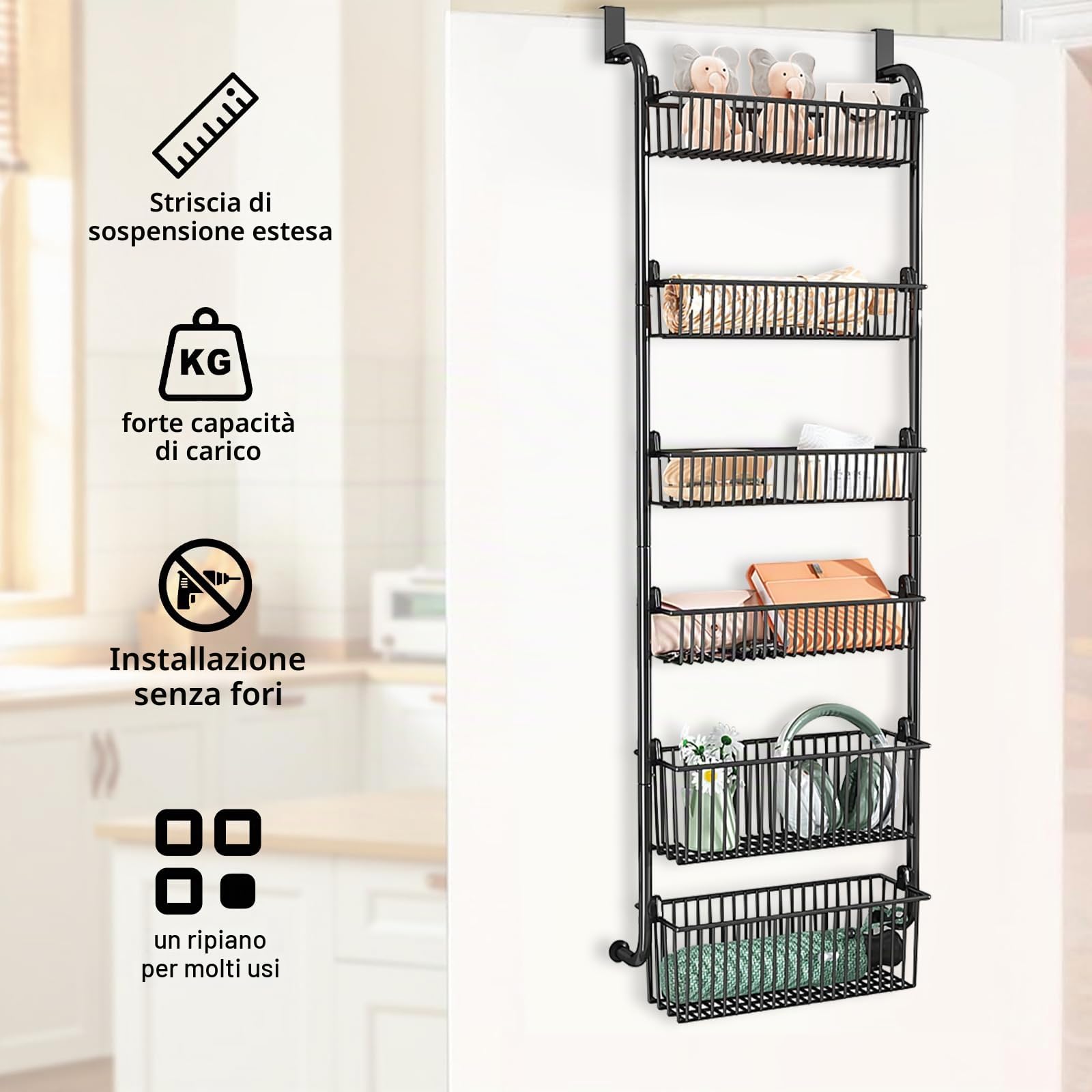 Organizzatore da appendere alla porta, organizer per spezie a 6 ripiani in metallo resistente per cucina - Organizer da appendere alla porta per cucina, bagno (Nero - 4 cestini piccoli + 2 grandi)