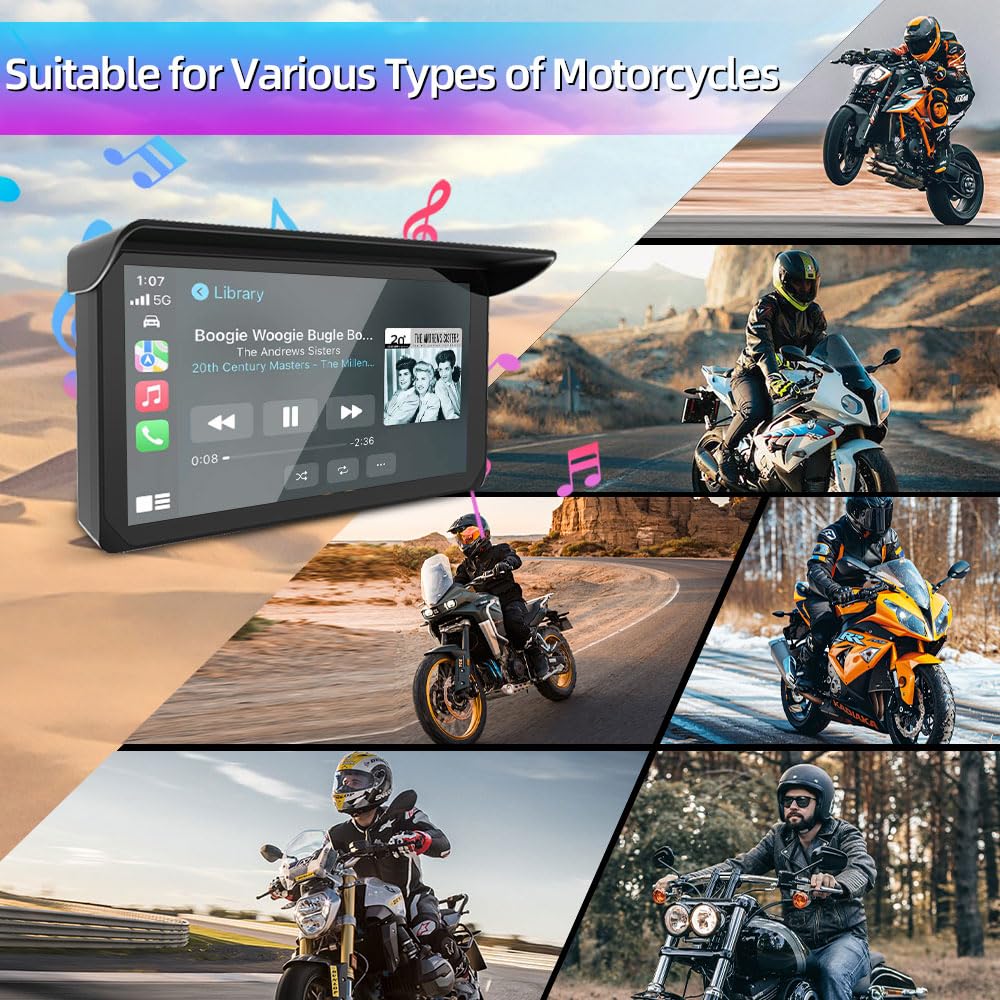 VSYSTO Schermo Carplay per moto, Carplay wireless e Android Auto, touchscreen da 5 pollici, display con indicazione della temperatura e della tensione della batteria,navigazione GPS, assistente vocale