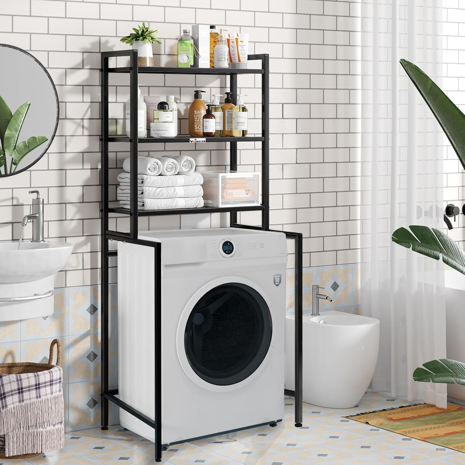 WINSTAR Over Washing Machine Metal Storage Rack | Heavy Duty Over The Toilet Storage Cabinet | Multipurpose Utility Rack | Standing Shelf for Bathroom, Laundry Room & Balcony (Black, 3 Tier)-image-41