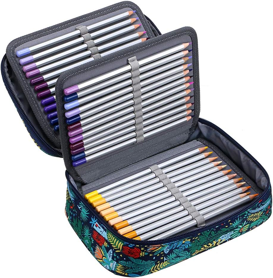 BTSKY Zipper Pens Pencil Case- Multi-functional Stationery Pencil Pouch Stretchy 72 Slots Colored Pencil Case Portable Pencil Bags with 2 Removable Sleeves Jungle