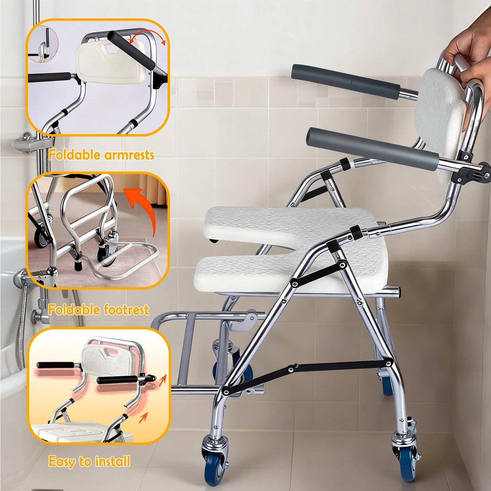 Silla de Ducha con Ruedas, Taburete de Ducha Plegable para Personas Mayores | Silla de Baño Ducha con Reposabrazos y Respaldo para Discapacitados y Mujeres Embarazadas, Carga 120kg