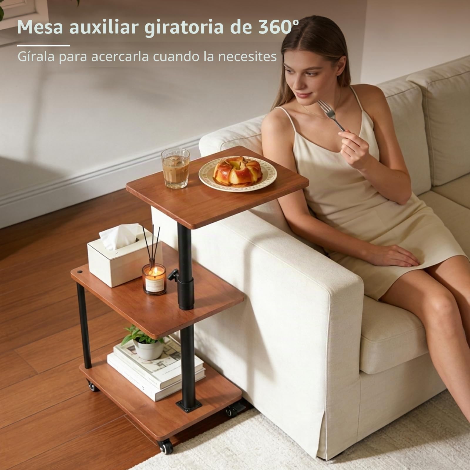 Mesa Auxiliar de Madera Maciza, Mesa Auxiliar sofá Ajustable en Altura 47-71 cm, Mesa giratoria 360°, diseño rústico con Ruedas y 3 Niveles de Almacenamiento