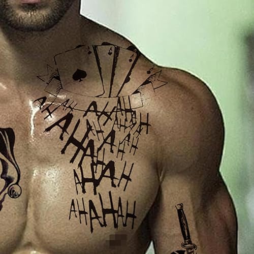Miniatura 10 de 8 hojas de tatuajes de Joker, basuwu de tamaño grande, impermeables, para Halloween, todas las versiones, se ven reales y duran mucho tiempo,