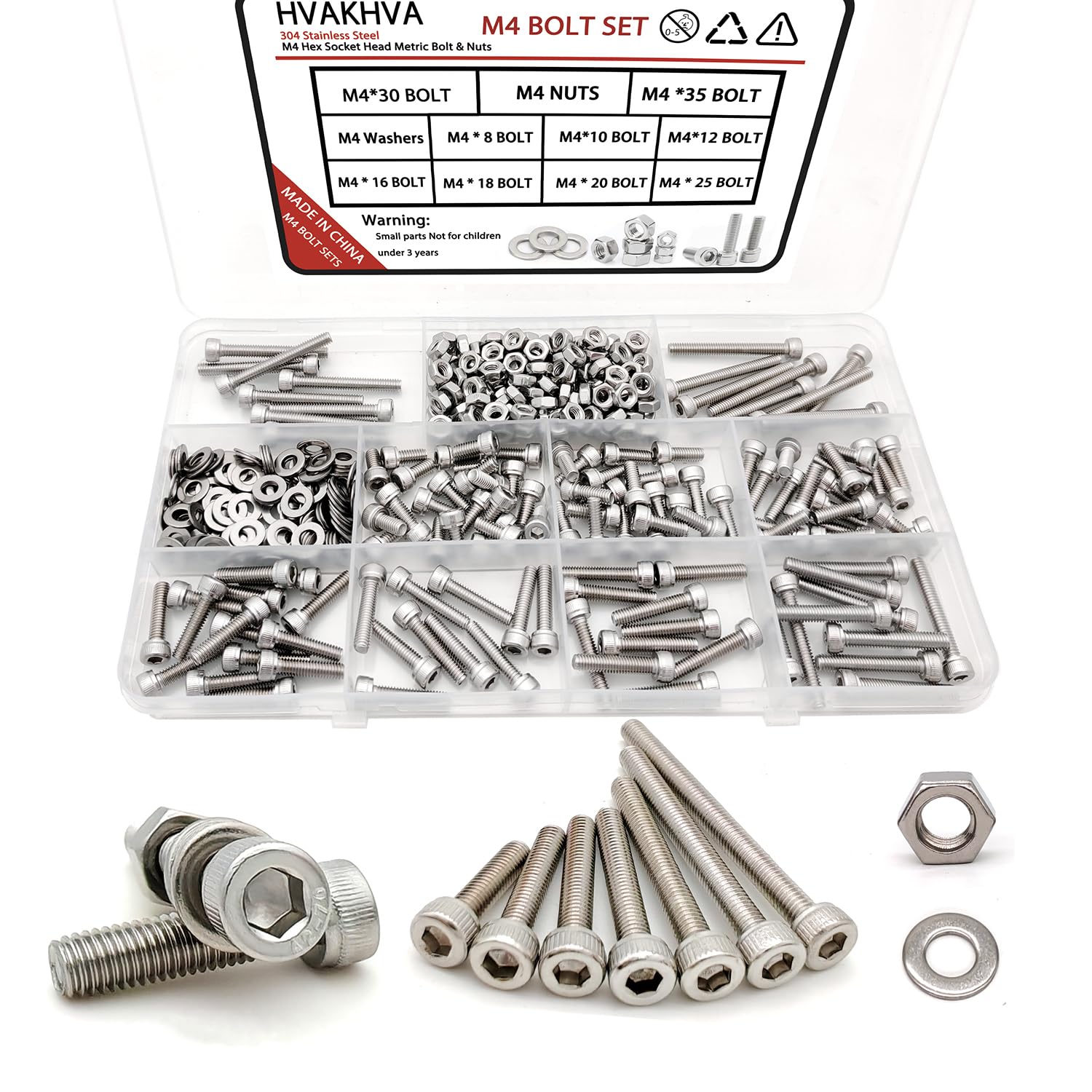 HVAKHVA M4 Screws Assortment Kit Nuts and Bolts 8mm/10mm/12mm/16mm/18mm/20mm/25mm/30mm/35mm Metric Machine Screw Kit, 304 Stainless Steel Hex Socket
