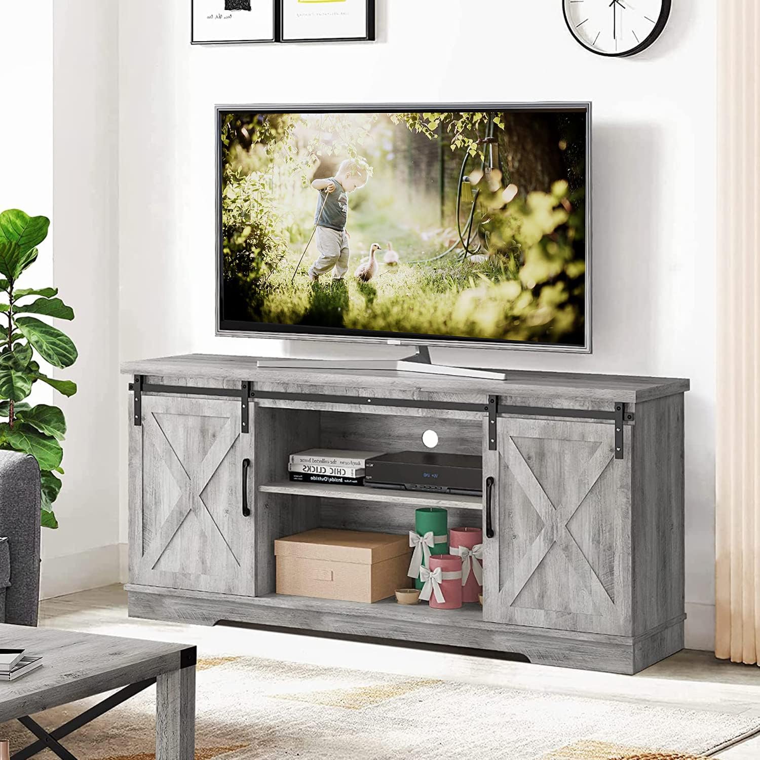 IDEALHOUSE Grey Farmhouse TV Stand, 65 Inch Cabinet with Barn Doors, Wood Media Console for Living Bedroom, 250 lbs Capacity