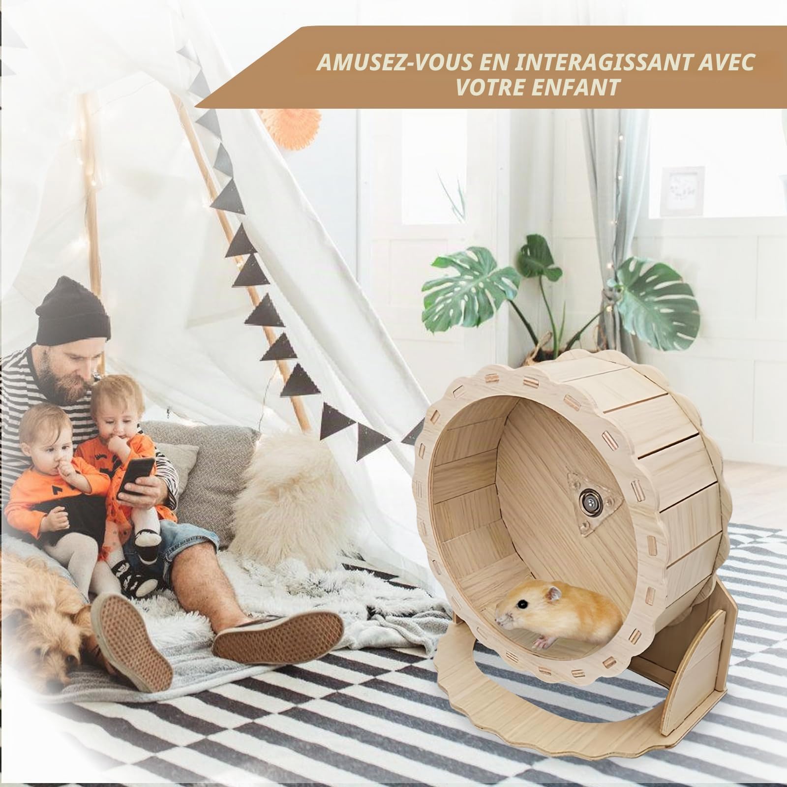 Roue d'Exercice en Bois 23 cm pour Hamster, Silencieux - Jouet pour Petits Animaux, Gerbilles, Souris et Hamsters Nains